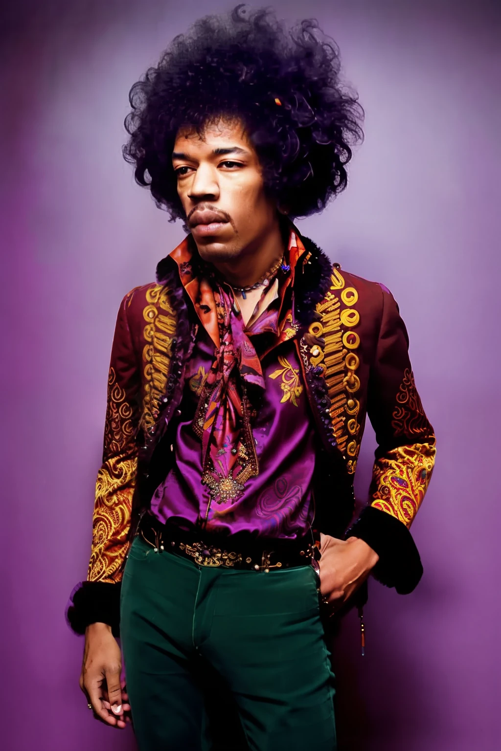 Full body portrait of JIMI HENDRIX man with a messy afro Hair Style, Detailed face, (perfect eyes), (highly detailed skin:1.1), perfect body,  wearing Paisley print shirt and jeans pants , Modelshoot style, Professional Photography, soft lighting, PHOTOREALISTIC, Realistic, standing in a dark studio background, blurred background, RAW, analog, sharp focus, 8k, high resolution, DSLR, high quality, Fujifilm XT3, film grain, award winning,