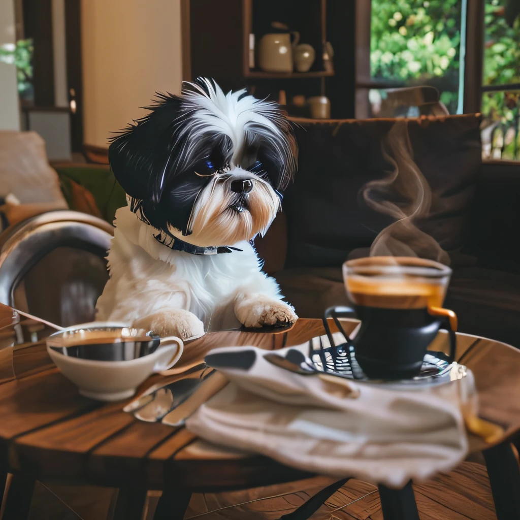 a person with a black and white Shih-tzu dog head sitting at a table, (((drinking coffee))) enquanto a sala queima, fogo, queimando, (((chamas))), mesa em chamas, Coffee on fire