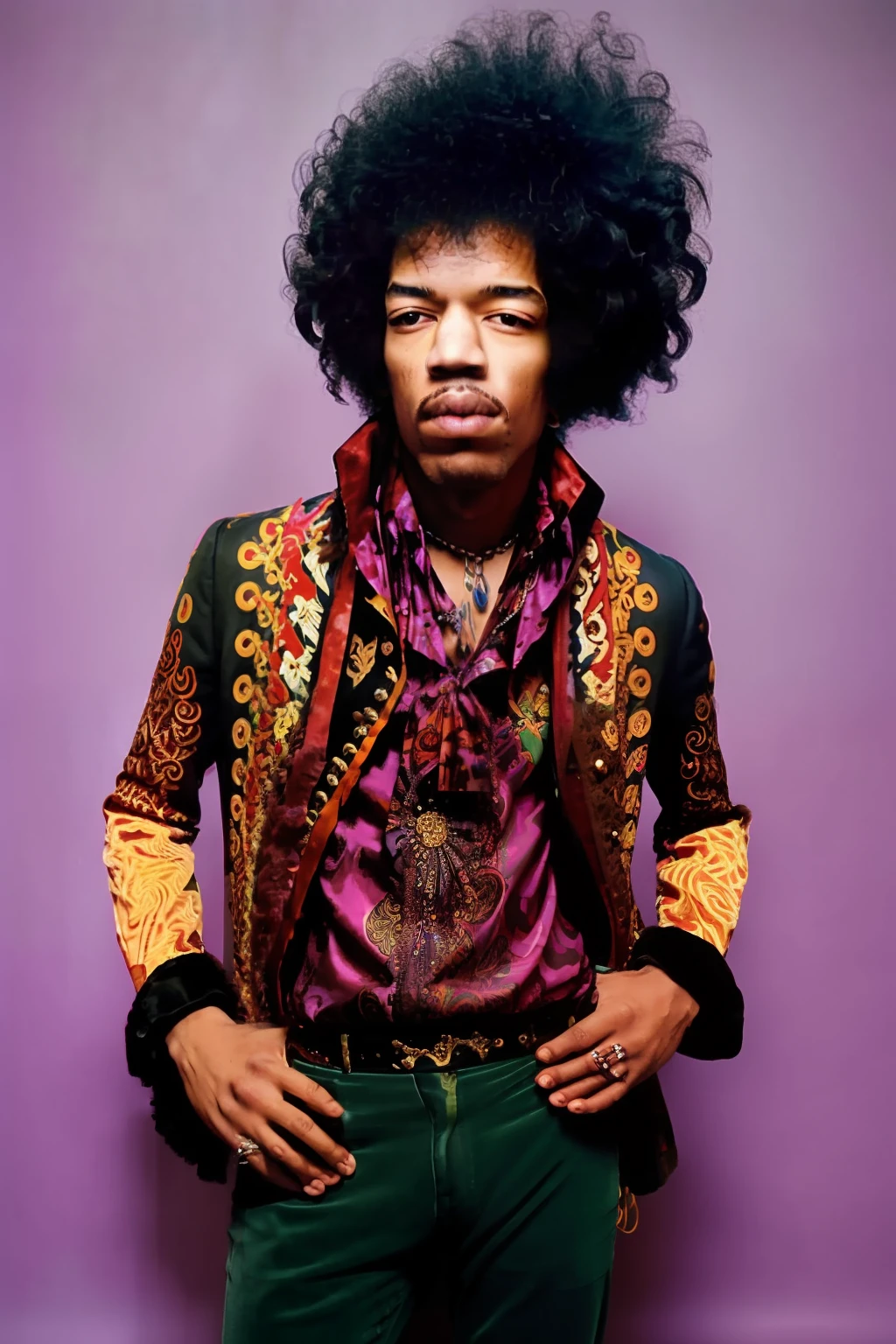 Full body portrait of JIMI HENDRIX man with a messy afro Hair Style, Detailed face, (perfect eyes), (highly detailed skin:1.1), perfect body,  wearing Paisley print shirt and jeans pants , Modelshoot style, Professional Photography, soft lighting, PHOTOREALISTIC, Realistic, standing in a dark studio background, blurred background, RAW, analog, sharp focus, 8k, high resolution, DSLR, high quality, Fujifilm XT3, film grain, award winning,