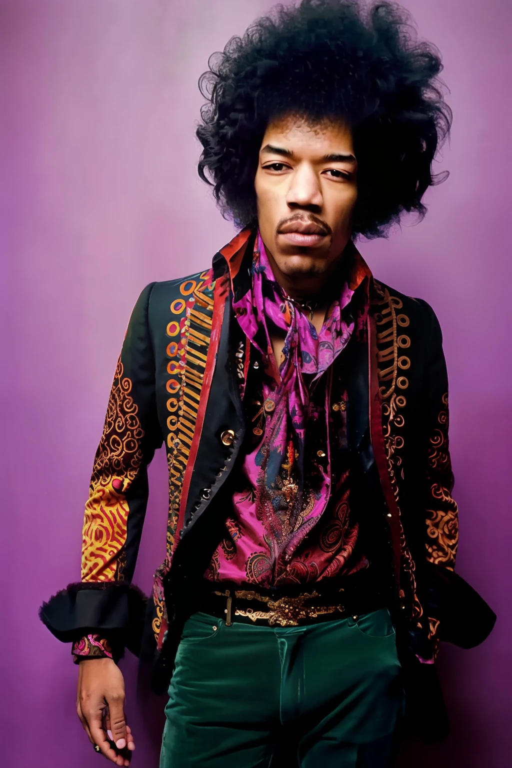 Full body portrait of JIMI HENDRIX man with a messy afro Hair Style, Detailed face, (perfect eyes), (highly detailed skin:1.1), perfect body,  wearing Paisley print shirt and jeans pants , Modelshoot style, Professional Photography, soft lighting, PHOTOREALISTIC, Realistic, standing in a dark studio background, blurred background, RAW, analog, sharp focus, 8k, high resolution, DSLR, high quality, Fujifilm XT3, film grain, award winning,