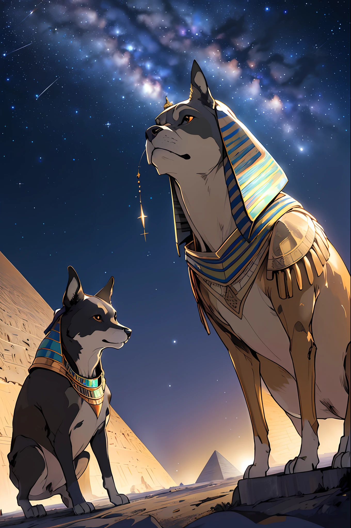 (pintura digital), (melhor qualidade), Egyptian pyramids, alta qualidade, Stunning night sky, estrelas cintilantes, lua cheia suave, Mysterious Milky Way, vento suave, serene silence, Connection with the infinite universe