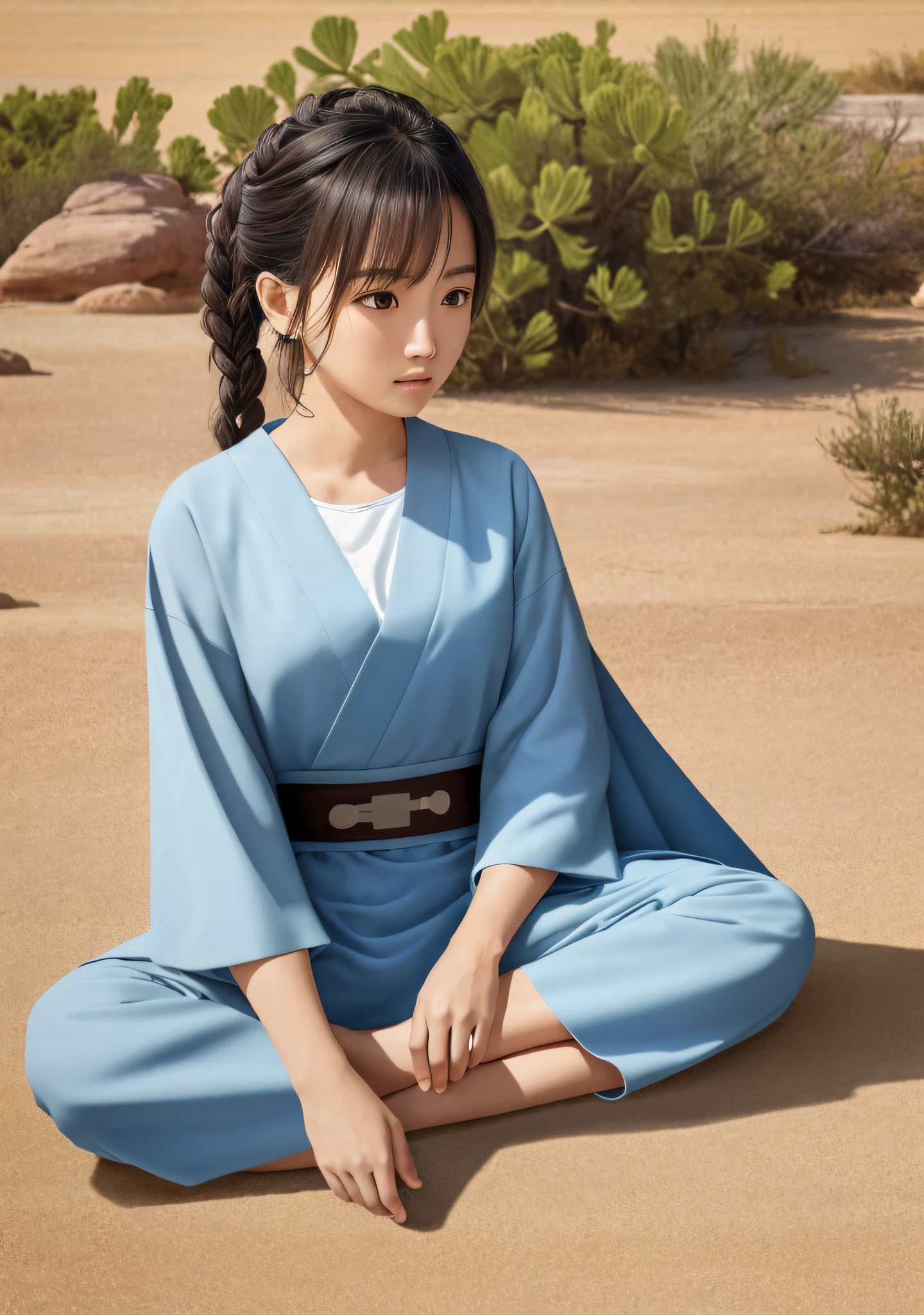 (Jedi meditation:1.3), serene photo,1girl, Jedi master in deep meditation, in jedioutfit, sitting cross-legged, (desert oasis:1.1), surrounded by blooming desert flowers, harmonizing with the Force, spiritual retreat, transcendent tranquility, desert enlightenment, Absurdres, hdr, ultra detailed illustration, extremely detailed face, RAW photo, film grain, skin pores, trending on deviantart