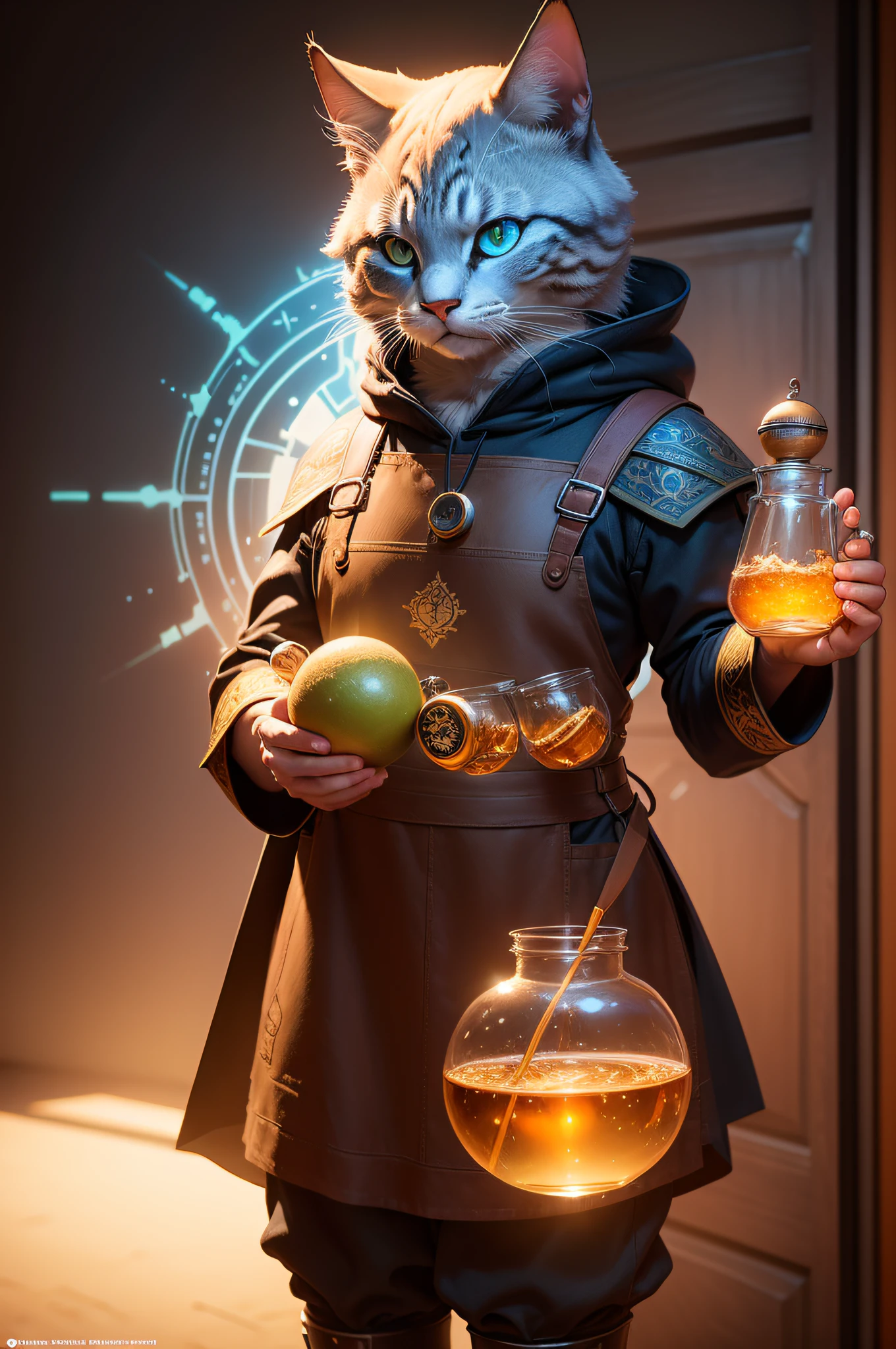 ((melhor qualidade)), ((realista)) (detalhado: 1.4) Create high-definition digital art of a magical cat wearing an alchemist costume, with clothes richly decorated with alchemical symbols and an apron full of jars and scientific instruments, representando sua busca pelo conhecimento e pela magia, 3D-rendering , Beeple e Tim Hildebrandt, Artgem e Beeple Masterpiece, Realismo | Bipe, Estilo Beeple, em estilo de bipe