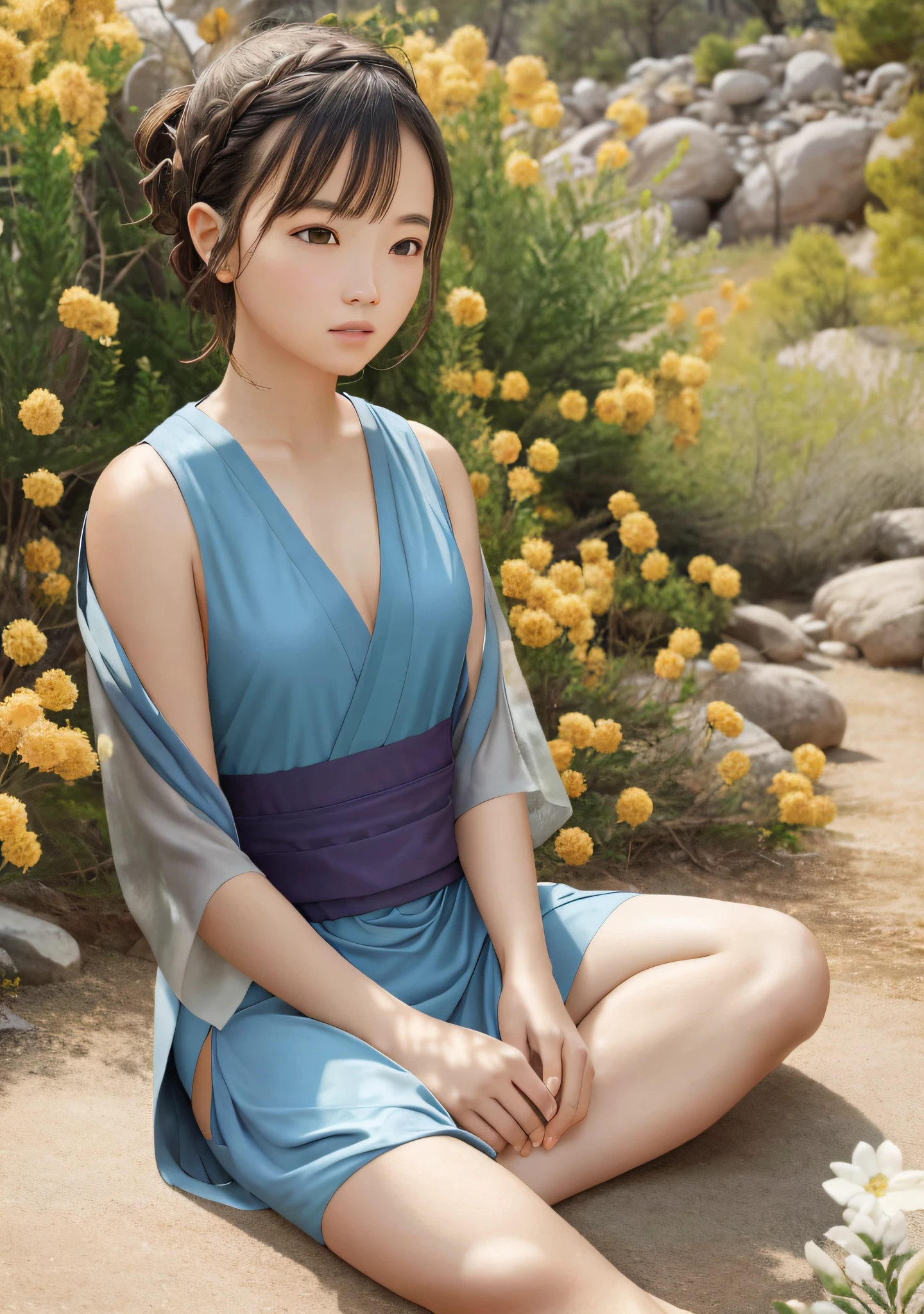 (Jedi meditation:1.3), serene photo,1girl, Jedi master in deep meditation, in jedioutfit, sitting cross-legged, (desert oasis:1.1), surrounded by blooming desert flowers, harmonizing with the Force, spiritual retreat, transcendent tranquility, desert enlightenment, Absurdres, hdr, ultra detailed illustration, extremely detailed face, RAW photo, film grain, skin pores, trending on deviantart