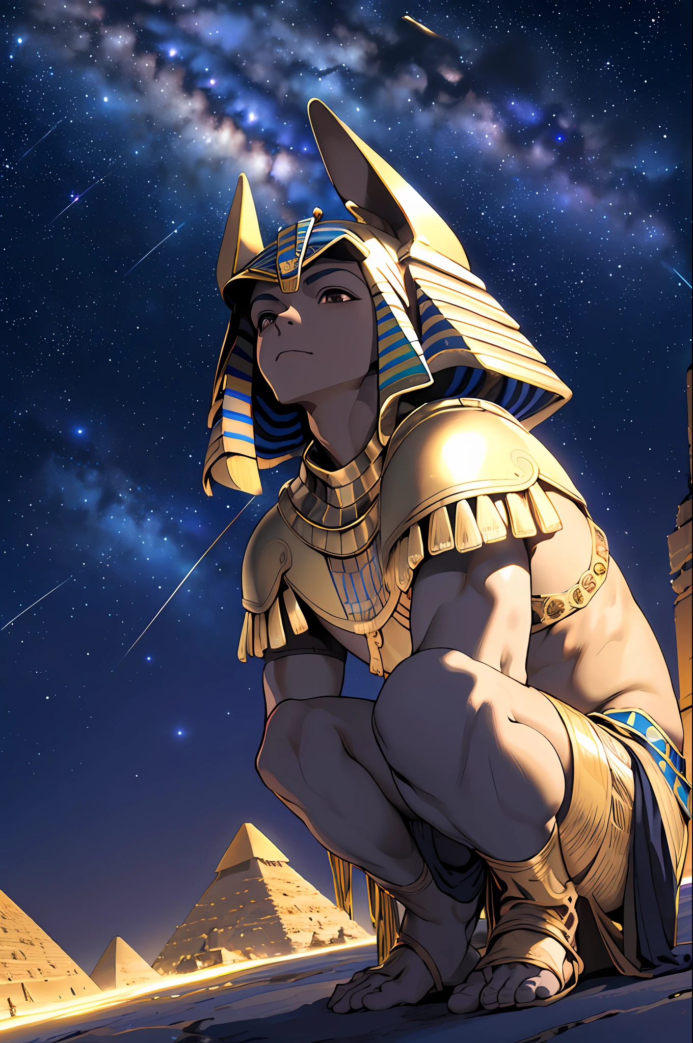 (pintura digital), (melhor qualidade), Egyptian pyramids, alta qualidade, Stunning night sky, estrelas cintilantes, lua cheia suave, Mysterious Milky Way, vento suave, serene silence, Connection with the infinite universe