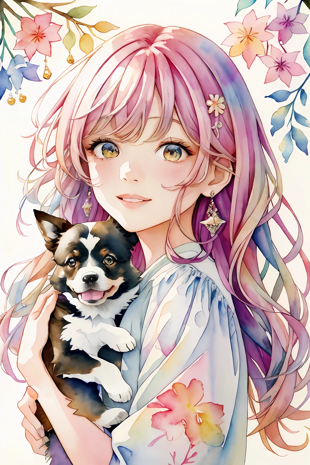 (highres, best quality:1.2), radiance, soft contours, beautiful drawing, upper body, concept art, detailed background, bright colors,
(8k, best quality, masterpiece:1.2),(best quality:1.0), (ultra highres:1.0), watercolor, a cute little puppy surrounded by beautiful flowers in a meadow, by agnes cecile, half body portrait, extremely luminous bright design, pastel colors, (ink:1.3), winter lights, traditional media, watercolor \(medium\), watercolor background