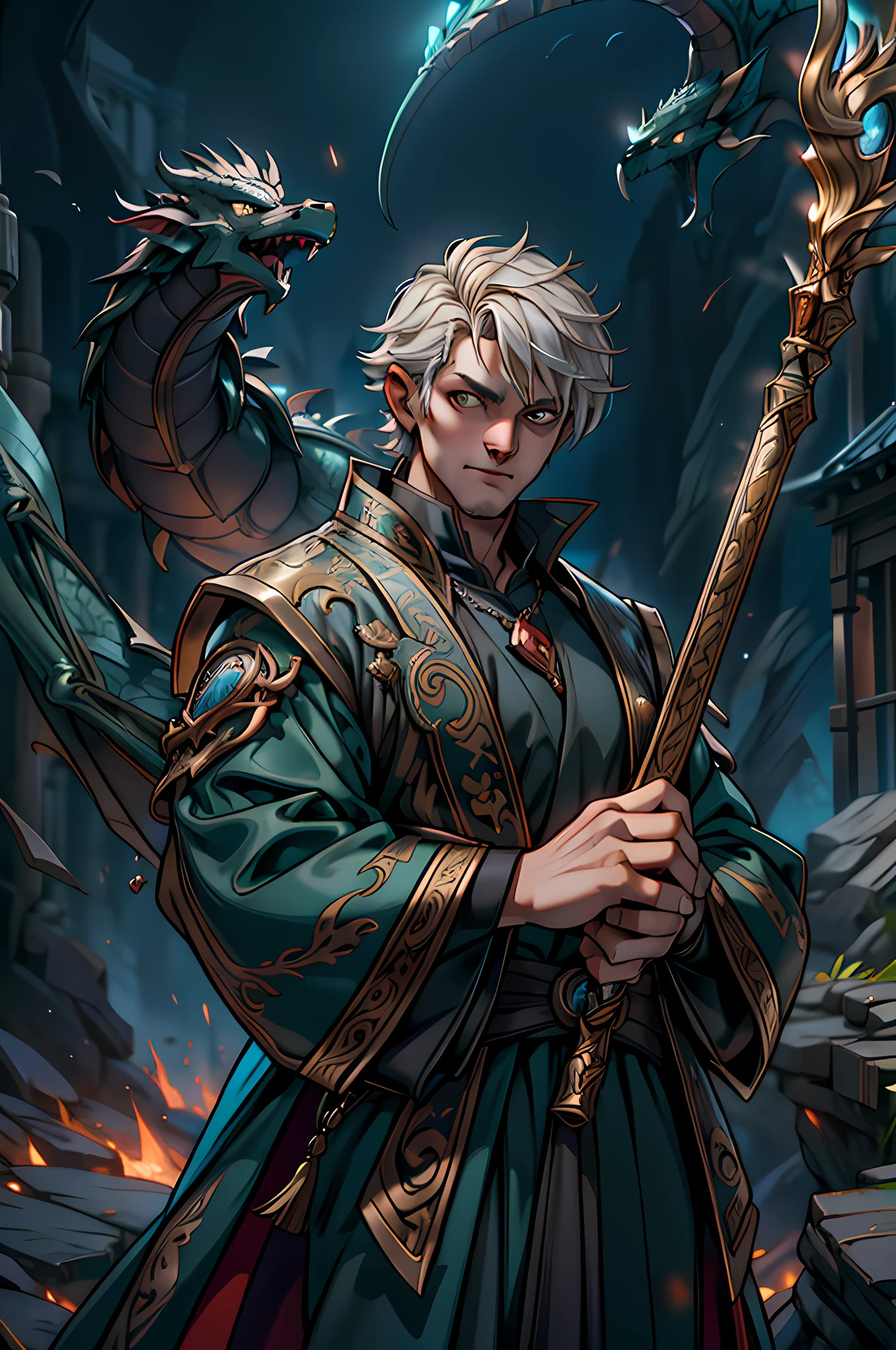 Middle-aged male magician against dragons, Wearing a dog-colored gown, Grab hold of a huge employee, Fantasy, Stormy environment, The ashes fly away, Direct lighting of the dragon, Best Quality, Masterpiece, Expressionless, The ultra-Highres, detailed background, realisitic