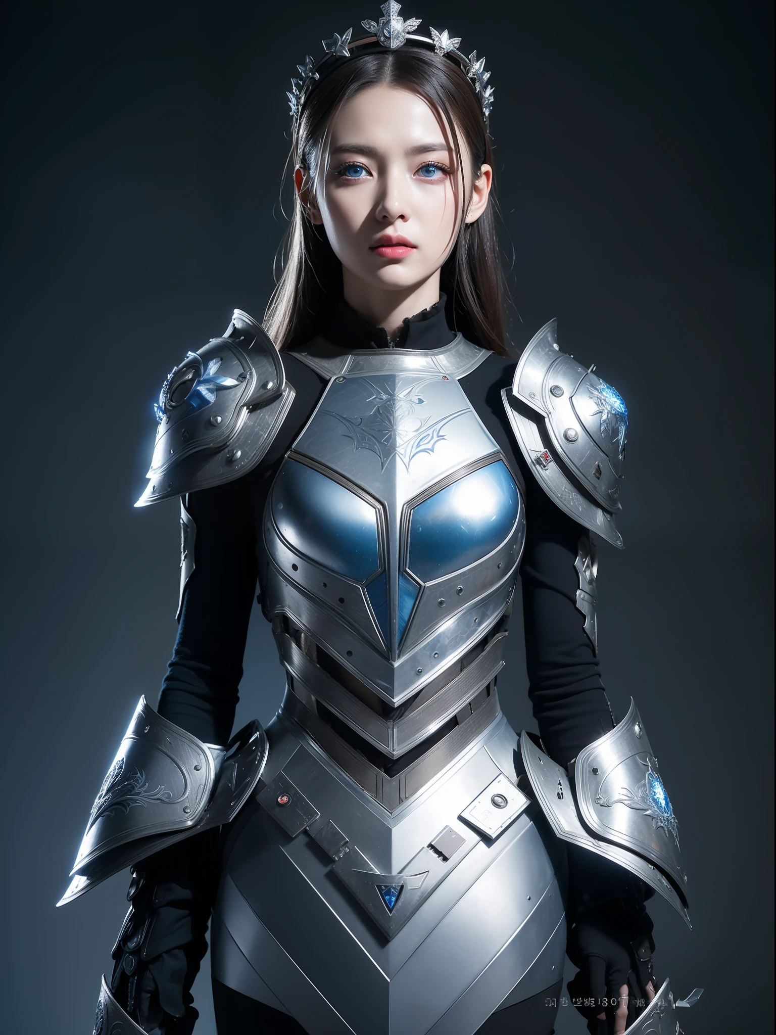 Masterpiece, Best quality, high resolution, 8K, Portrait, Realistic photo,（ Combine clothing with Korean fashion design），Digital photography, full bodyesbian, 1 16-year-old girl, (Cyborg), Beautiful blue-gray gradient long hair, Blue eyes, Intricate, elegant, Highly detailed, The crown of evil, Black dress, ,Silver metal exoskeleton armor, Intricate knightly hollow armor,power armour, Openwork design, mechanical structure, Photo pose, Solemn,, Red lips, From the movie《Final Fantasy XV》.Metallic texture, oc rendered，Reflective texture, ((Clothing cutting)), ((Set against the backdrop of the castle and the giant Moster))