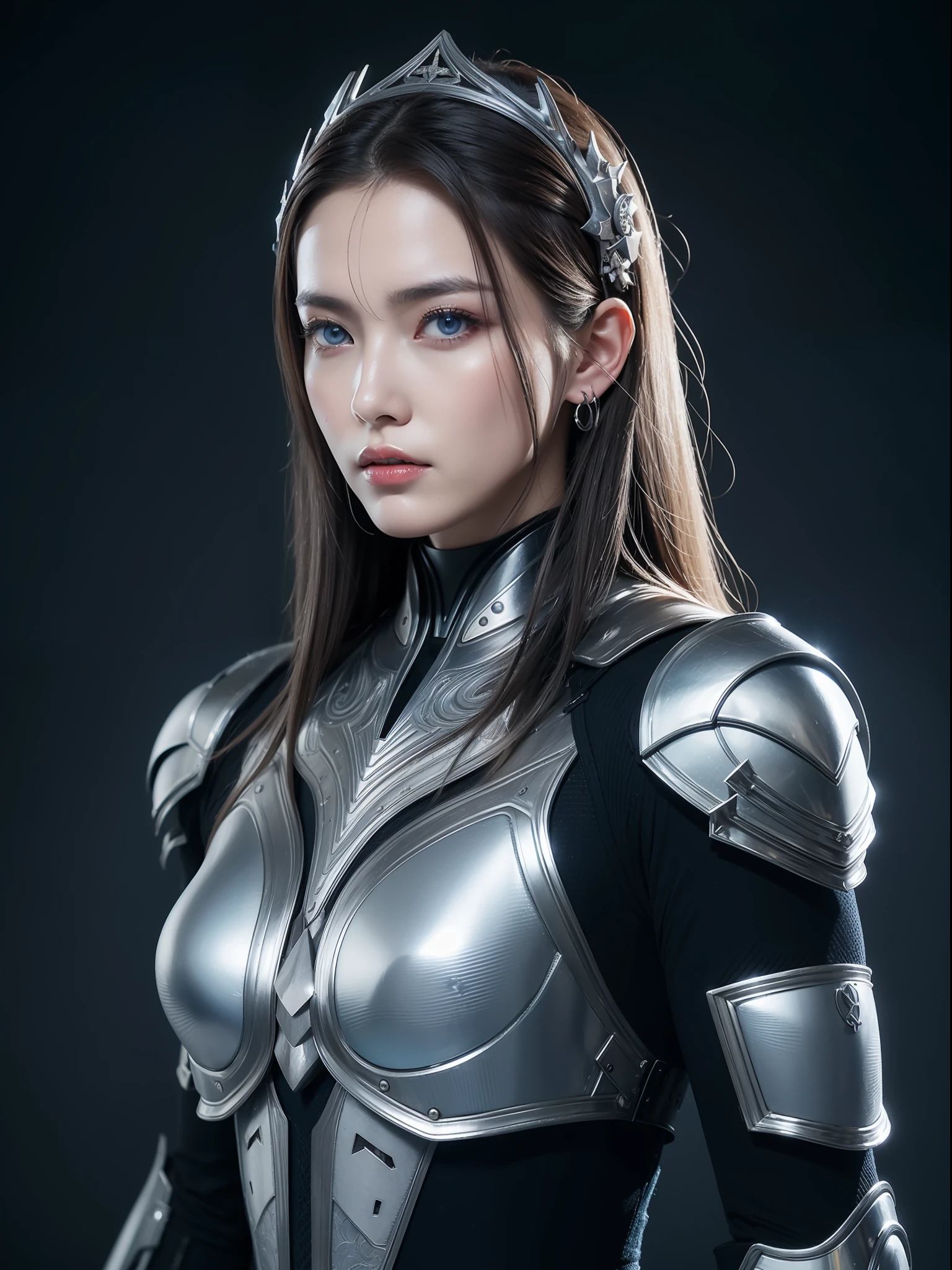 Masterpiece, Best quality, high resolution, 8K, Portrait, Realistic photo,（ Combine clothing with Korean fashion design），Digital photography, full bodyesbian, 1 16-year-old girl, (Cyborg), Beautiful blue-gray gradient long hair, Blue eyes, Intricate, elegant, Highly detailed, The crown of evil, Black dress, ,Silver metal exoskeleton armor, Intricate knightly hollow armor,power armour, Openwork design, mechanical structure, Photo pose, Solemn,, Red lips, From the movie《Final Fantasy XV》.Metallic texture, oc rendered，Reflective texture, ((Clothing cutting)), ((Set against the backdrop of the castle and the giant Moster))