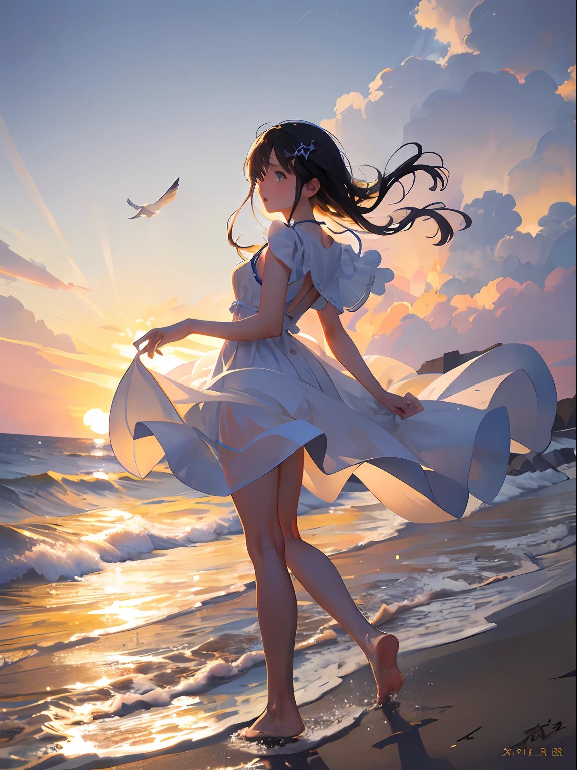On the beach by the sea,The golden sun shines on the delicate and white sand,The waves gently lapping against the rocks,Bring out a cool sea breeze。Seagulls soar in the air,There is a small boat moored quietly on the sea。Clouds in the sky come in different shapes,Dense and soft like wool。The whole picture creates a peaceful and laid-back atmosphere,It's heart-wrenching