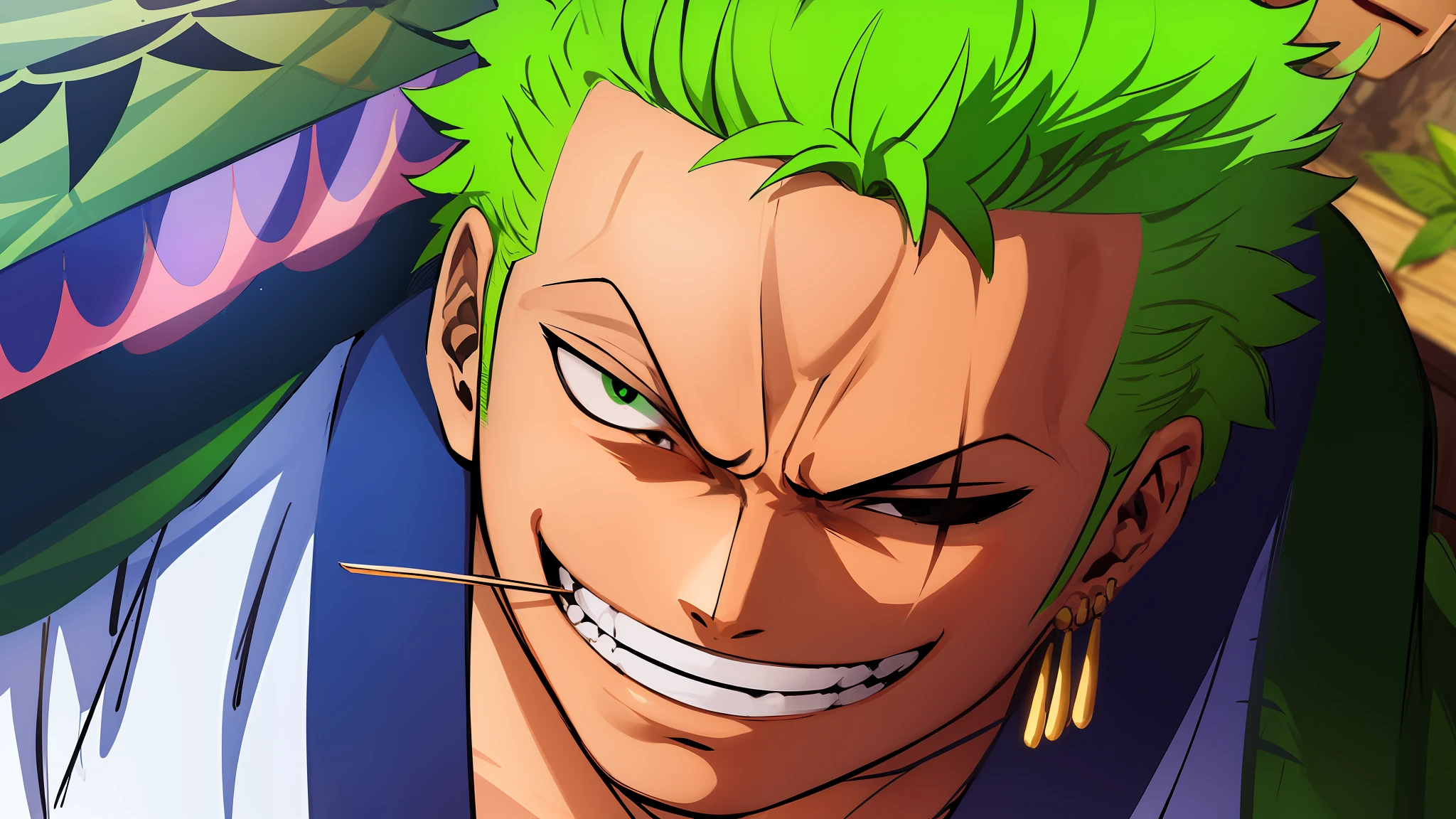 (master part, melhor qualidade:1.2), personagem de anime com cabelo verde, Roronoa Zoro, one piece artstyle, from one piece, Arte HD, one piece, papel de parede hd, Obra-prima do anime, Estilo One Piece, Melhor Design de Personagens de Anime, Rei dos piratas, Arte Oficial, fan art, papel de parede!, green head, sorriso roguish, 8K, obra-prima, melhor qualidade, (8k:1.1),