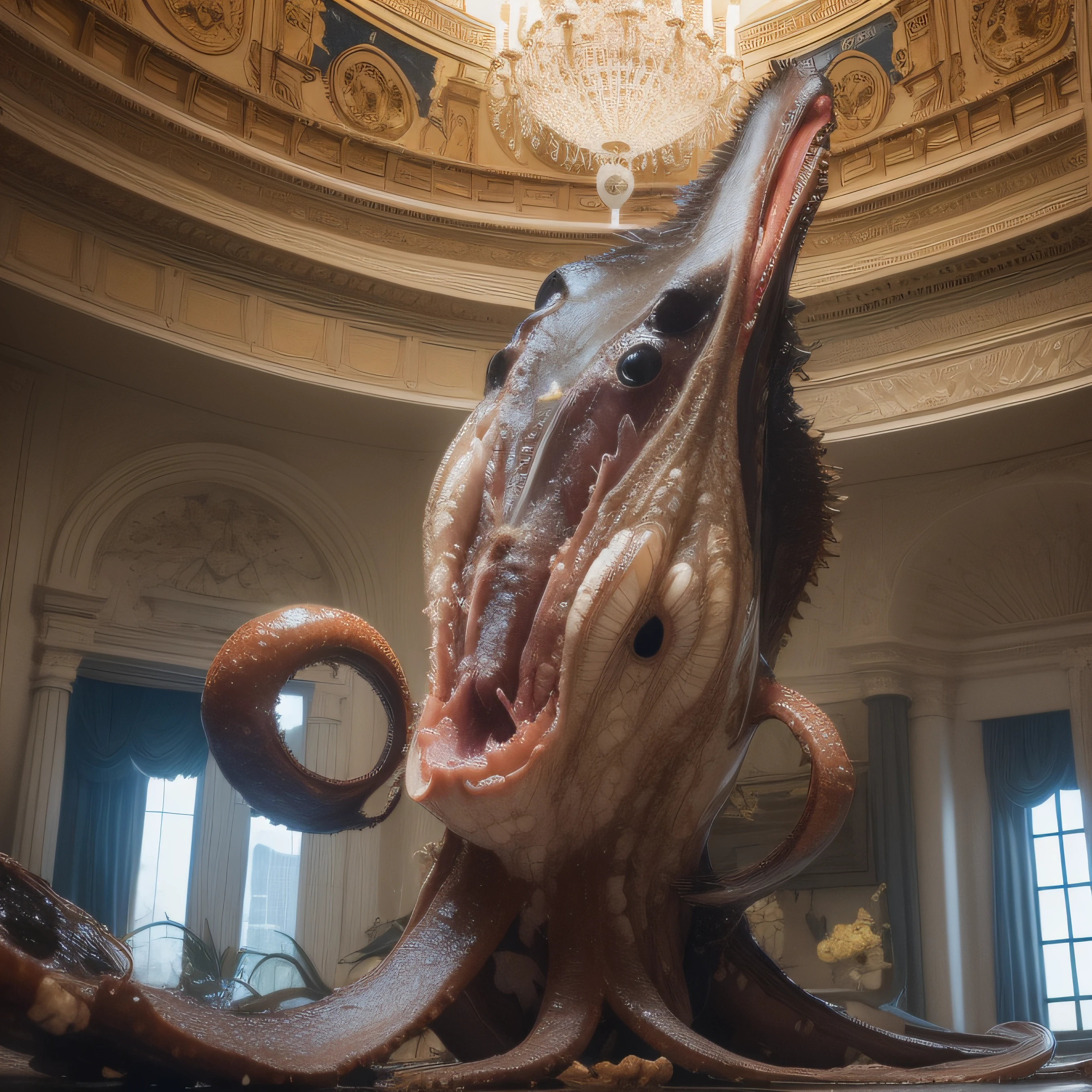 (extremadamente detallado, obra maestra, La mejor calidad), Estilo oscuro, intense illumination, rostro con arrugas, lengua larga, tentacle, deforme, monstruoso, interior de una piscina de agua verdosa, imagen submarina, alien con Colmillos finos, pico de pulpo amenazante. manchas de tinta. Rococo composition. Luz de caravaggio
