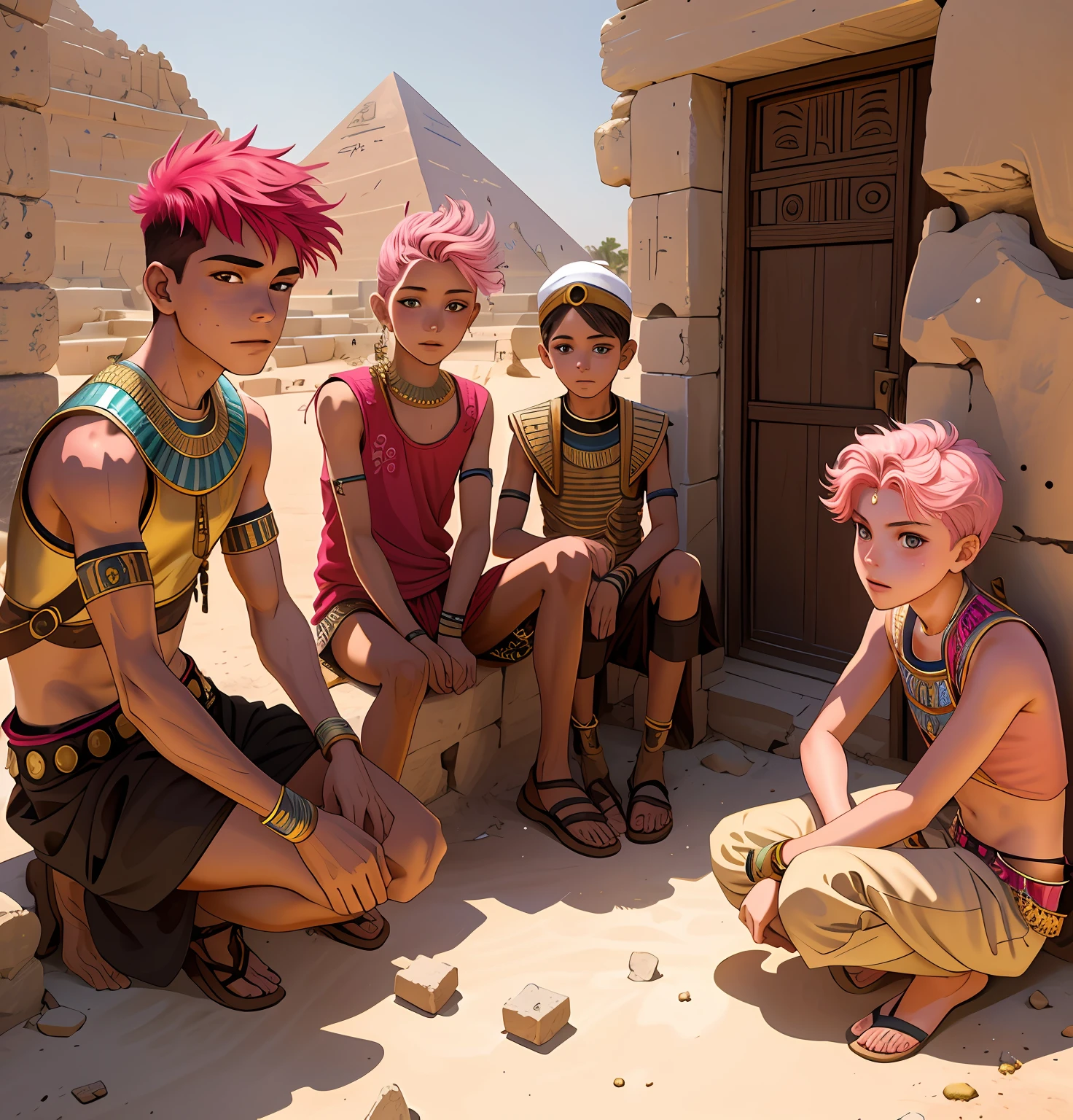 Several 14- and 15-year-old girls with several 14-year-old boys in a fist in Egypt A 15-year-old boy with pink hair is a man who has honey-colored eyes at the bottom of ancient Egypt you can see the pyramids