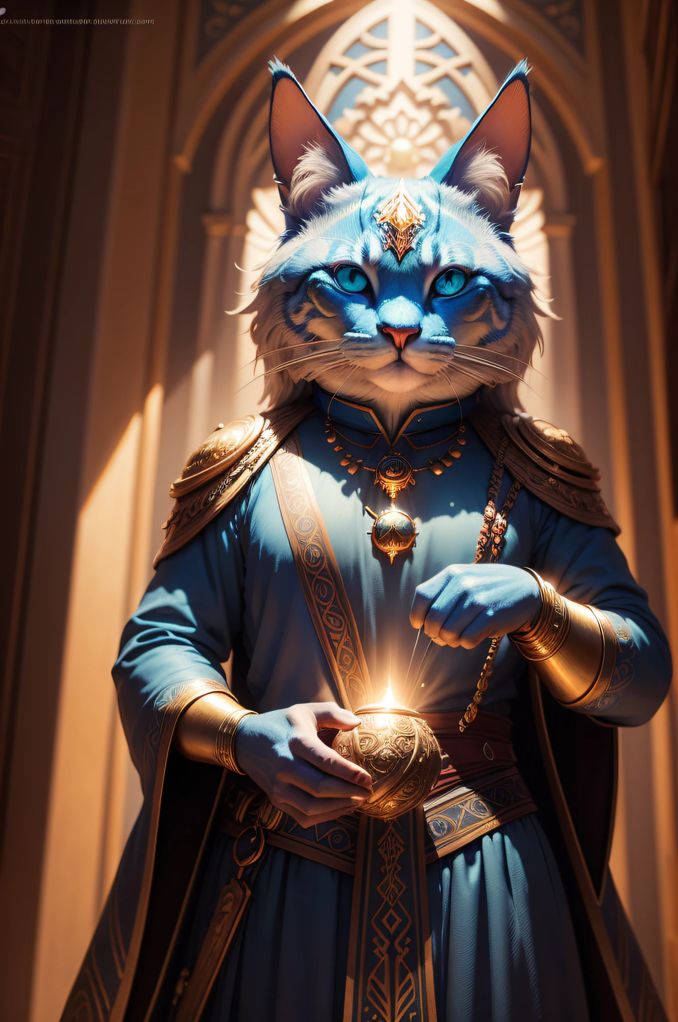 ((melhor qualidade)), ((realista)) (detalhado: 1.4) Imagine a high-definition sculpture depicting a magical cat in super detailed costumes of an ancient magician, usando um manto longo com bordados intricados e um colar com uma pedra preciosa, emanating an aura of wisdom and power3D rendering , Beeple e Tim Hildebrandt, Artgem e Beeple Masterpiece, Realismo | Bipe, Estilo Beeple, em estilo de bipe