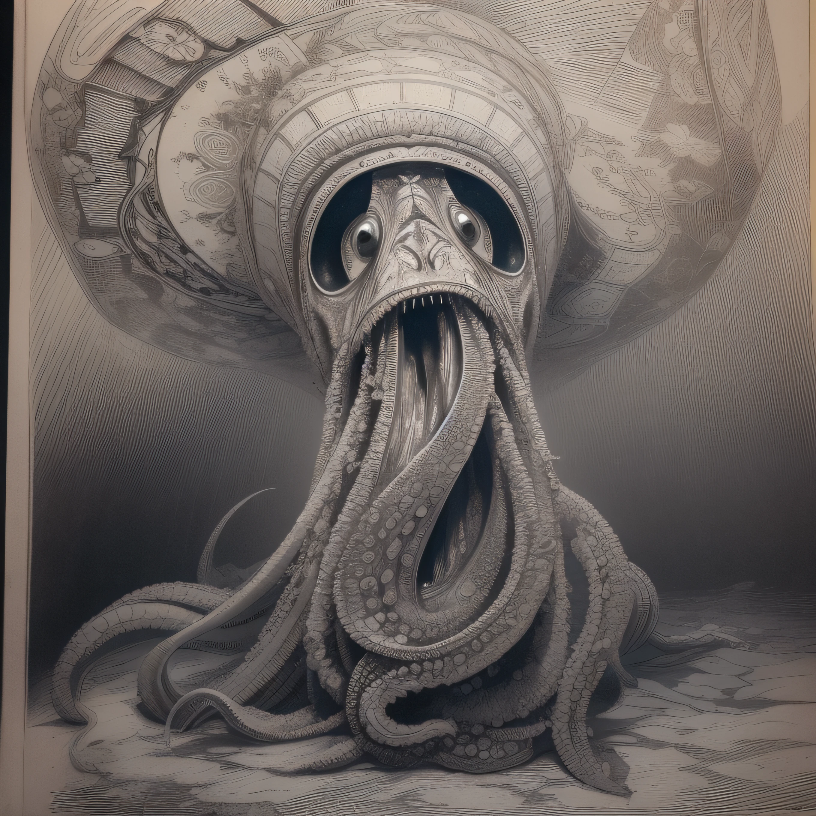 (extremadamente detallado, obra maestra, La mejor calidad), Estilo oscuro, intense illumination, rostro con arrugas, lengua larga, tentacle, deforme, monstruoso, interior de una piscina de agua verdosa, imagen submarina, alien con Colmillos finos, pico de pulpo amenazante. manchas de tinta. Rococo composition. Luz de caravaggio