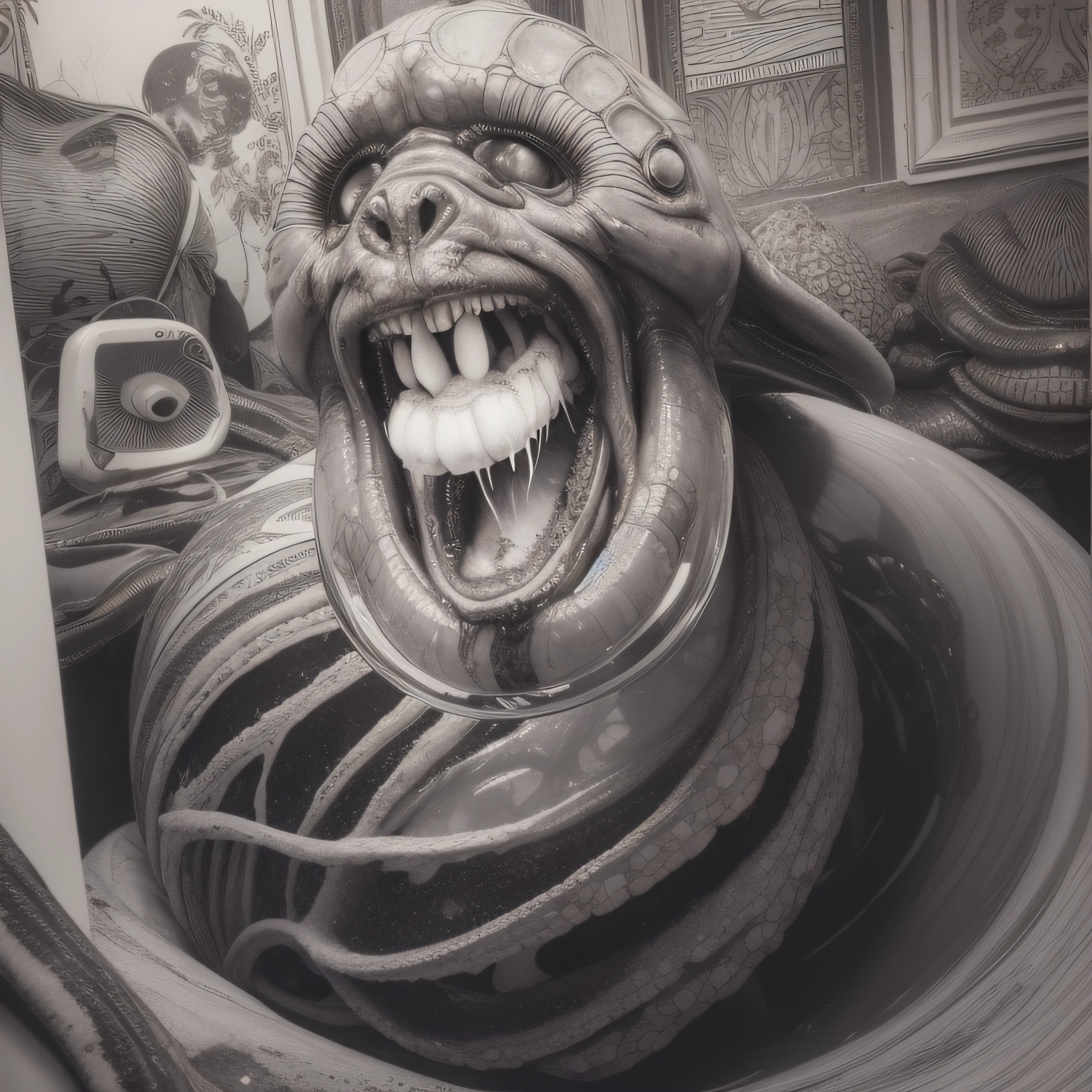 (extremadamente detallado, obra maestra, La mejor calidad), Estilo oscuro, intense illumination, rostro con arrugas, lengua larga, tentacle, deforme, monstruoso, interior de una piscina de agua verdosa, imagen submarina, alien con Colmillos finos, pico de pulpo amenazante. manchas de tinta. Rococo composition. Luz de caravaggio