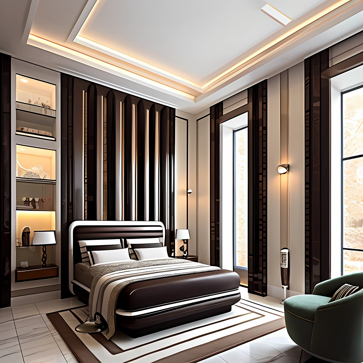 futuristic architectural digest photo of a (cozy upscale)++ (nutella chocolate chip milkshake deco oreo creme futurism)+ bedroom