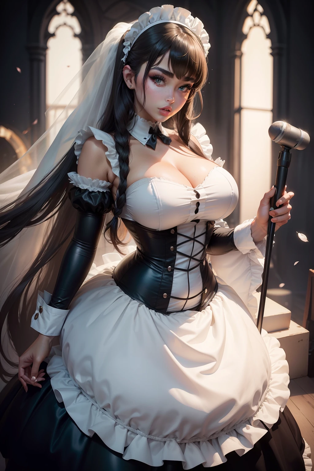 1 beautiful woman, large body, dressed as a maid, posing, resembling singer Madison Beer