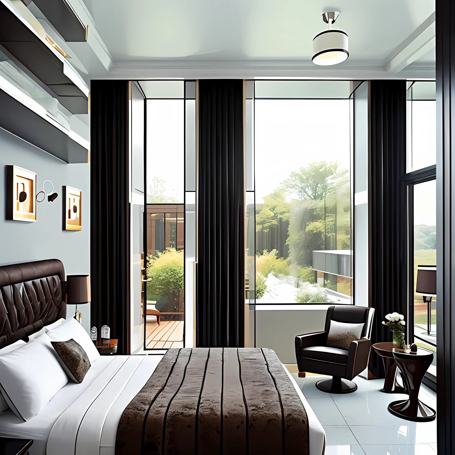 futuristic architectural digest photo of a (cozy upscale)++ (nutella chocolate chip milkshake deco oreo creme futurism)+ bedroom