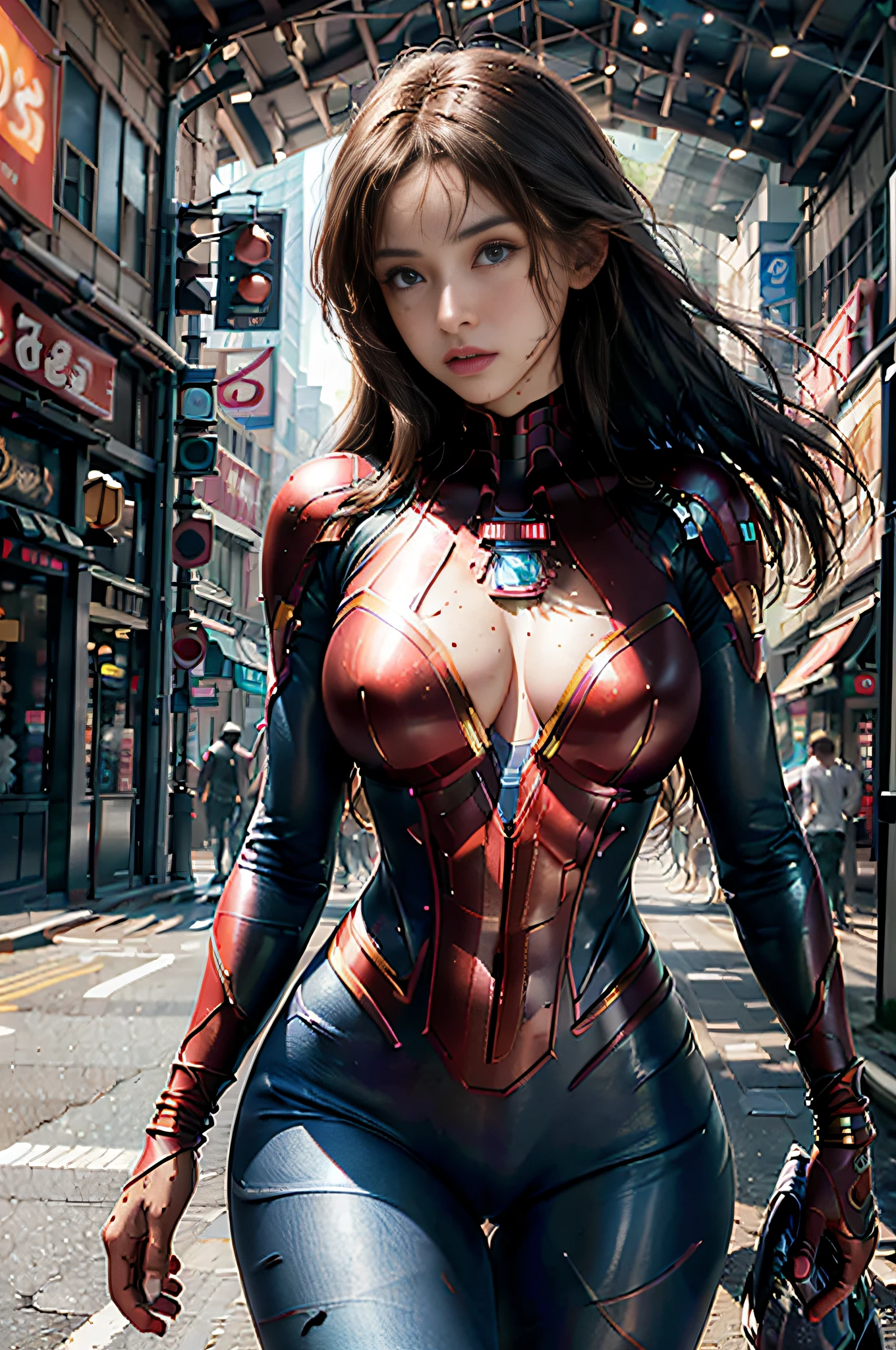 RAW, Masterpiece, Super Fine Photo, Best Quality, Ultra High Resolution, Photorealistic Photorealism, Sunlight, Full Body Portrait, Amazing Beauty, Dynamic Pose, Delicate Face, Vibrant Eyes, (From the side), She Wears Iron Man costume, Ragged Top, Jeans, Very Detailed Background, Detailed Face, Detailed Complex Busy Background, Messy, Gorgeous, Milky White, Highly Detailed Skin, Realistic Skin Details, Visible Pores, Sharp Focus, Volume Fog, 8K UHD, DSLR , high quality, film grain, fair skin, photorealism, lomography, sprawling metropolis in futuristic dystopia , seen from below, translucent