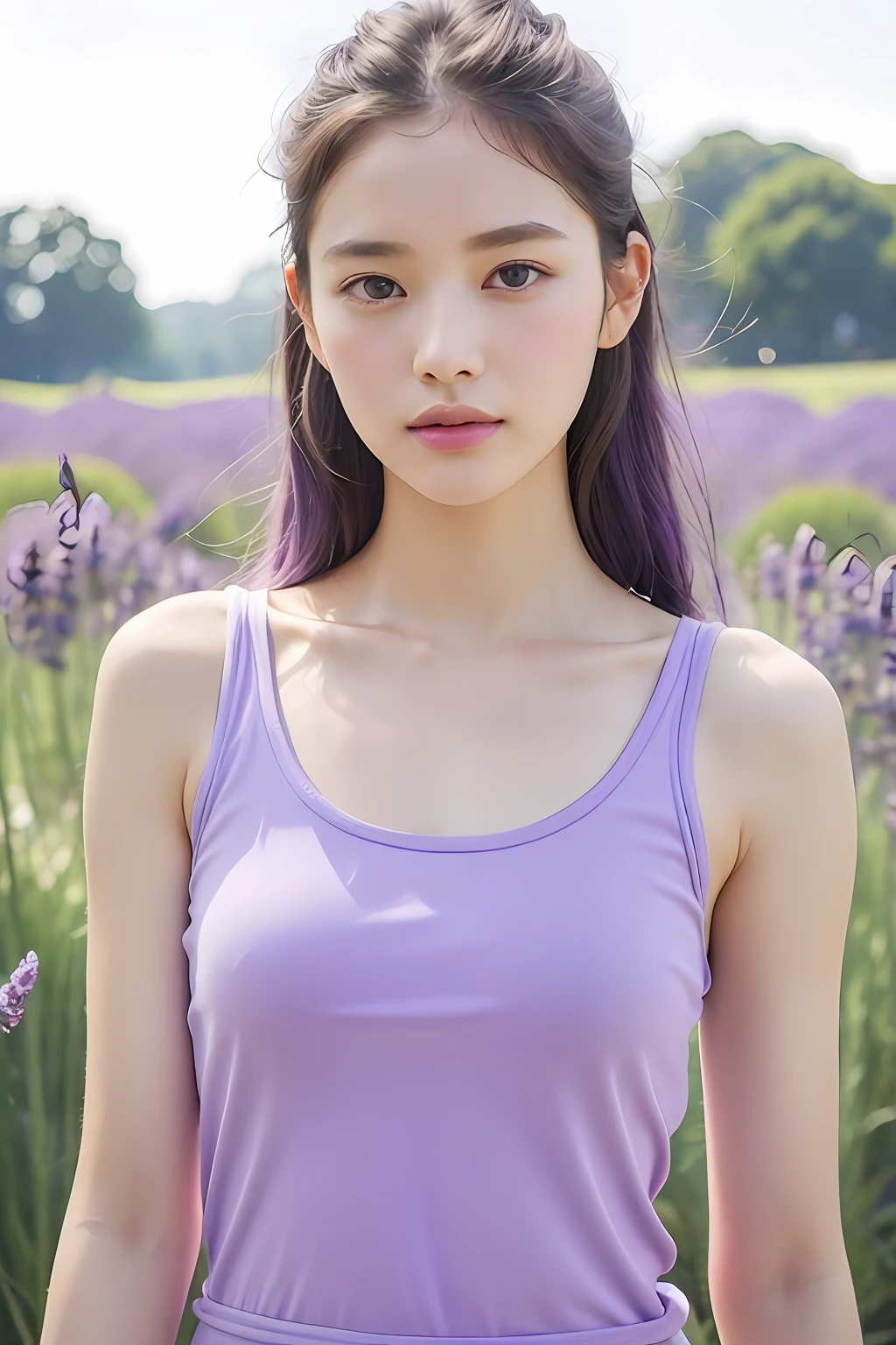 (extra detailed body、extra detailed face、best qualtiy:1.2)、femele、looking at the viewers、(White tank top、17 age)、(Lavender on background:1.4)