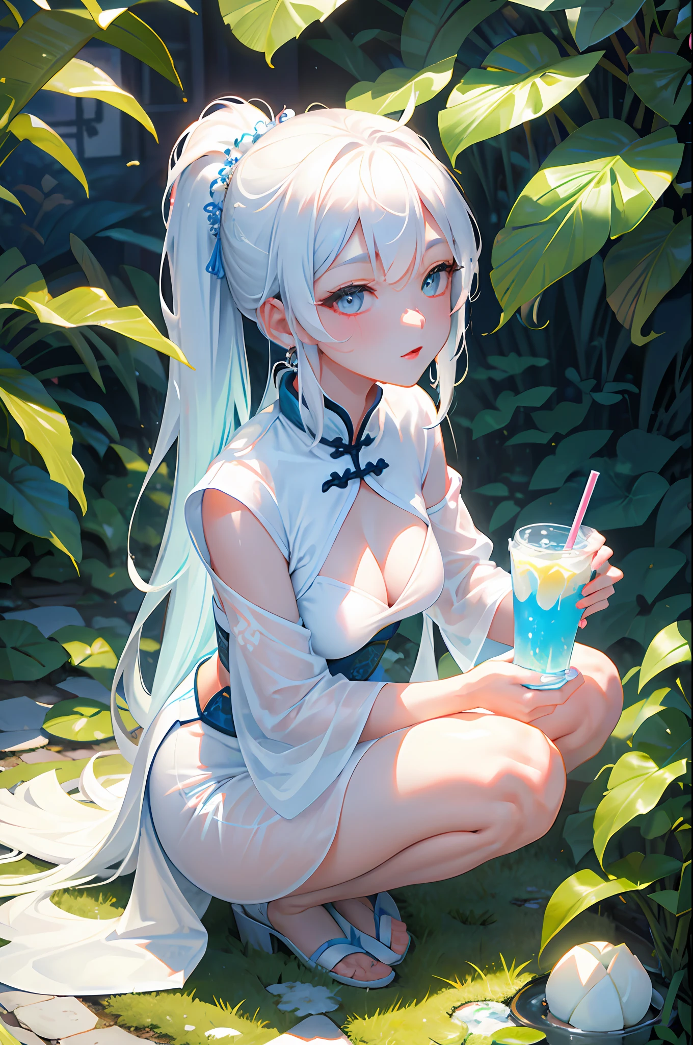 (Chinese beauty) A soft drink made of coconut juice, ice cubes, and coconut juice. Milky white turns white. Very cool. There are colored straws and ice cubes, placed on green leaves, outdoors, a clear blue sky, beautiful clouds