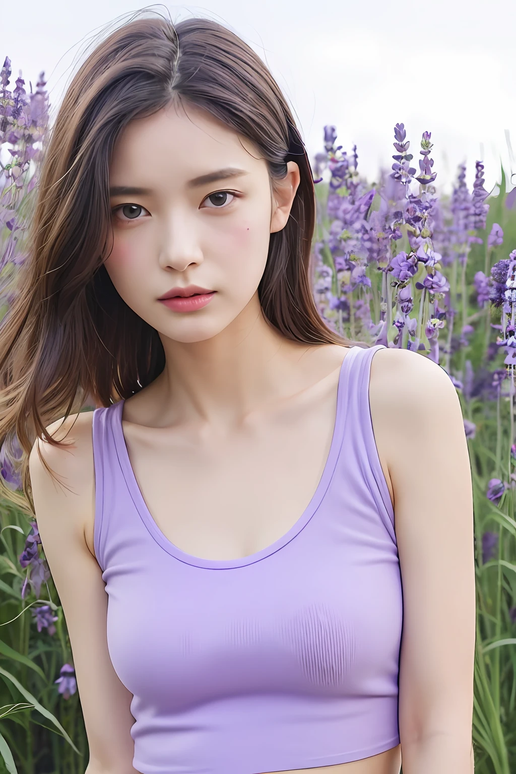 (extra detailed body、extra detailed face、best qualtiy:1.2)、femele、looking at the viewers、(White tank top、17 age)、(Lavender on background:1.4)