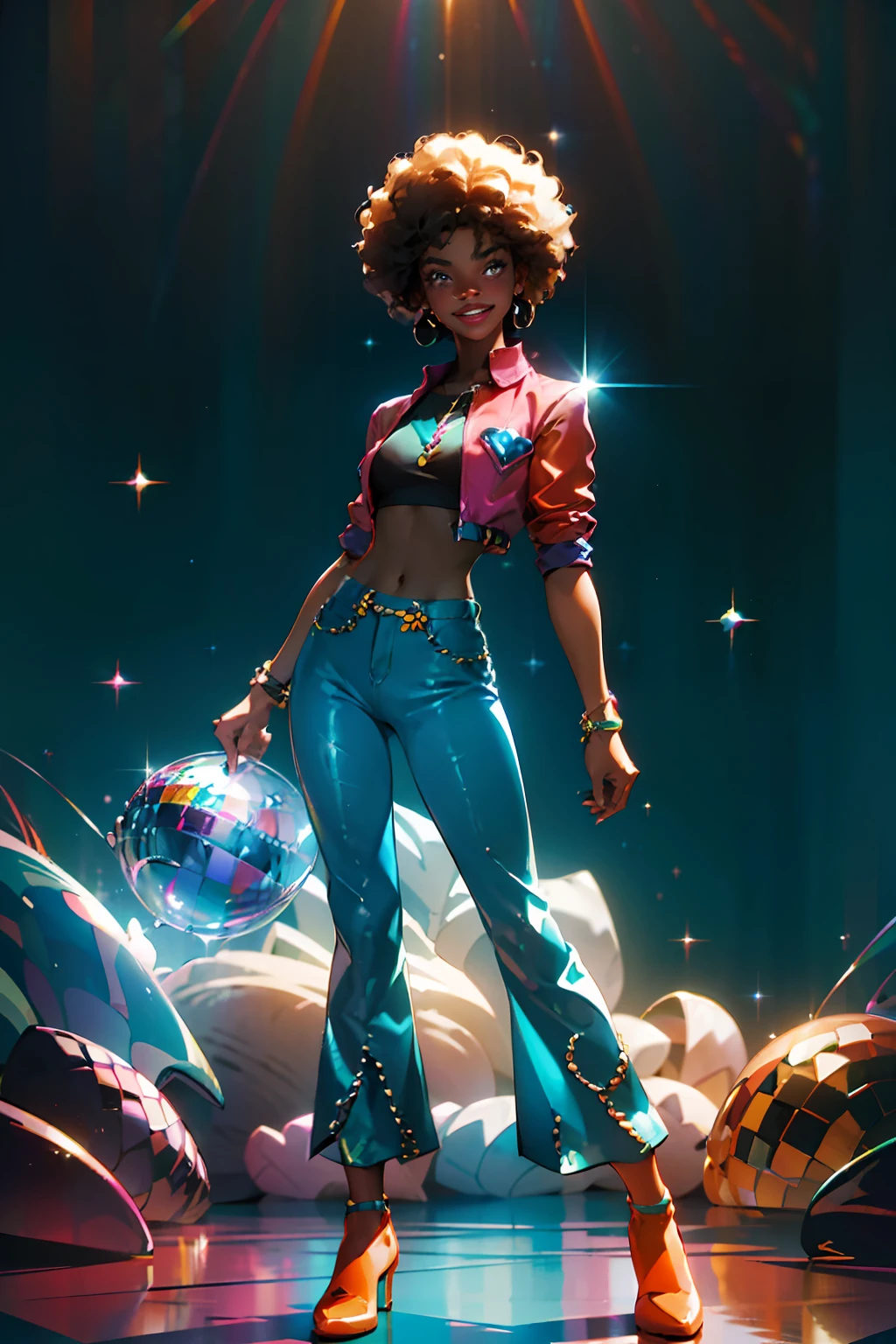 1 young female , smile, dark skin tone, afro hair, stud in flared pants and sparkly jacket shirt orange and cyan tone, 1970s, huge ear ring, Bell-bottoms, flares, Disco Mirror Ball,
disco dancing pool
rich colors ,hyper realistic ,lifelike texture, dramatic lighting ,