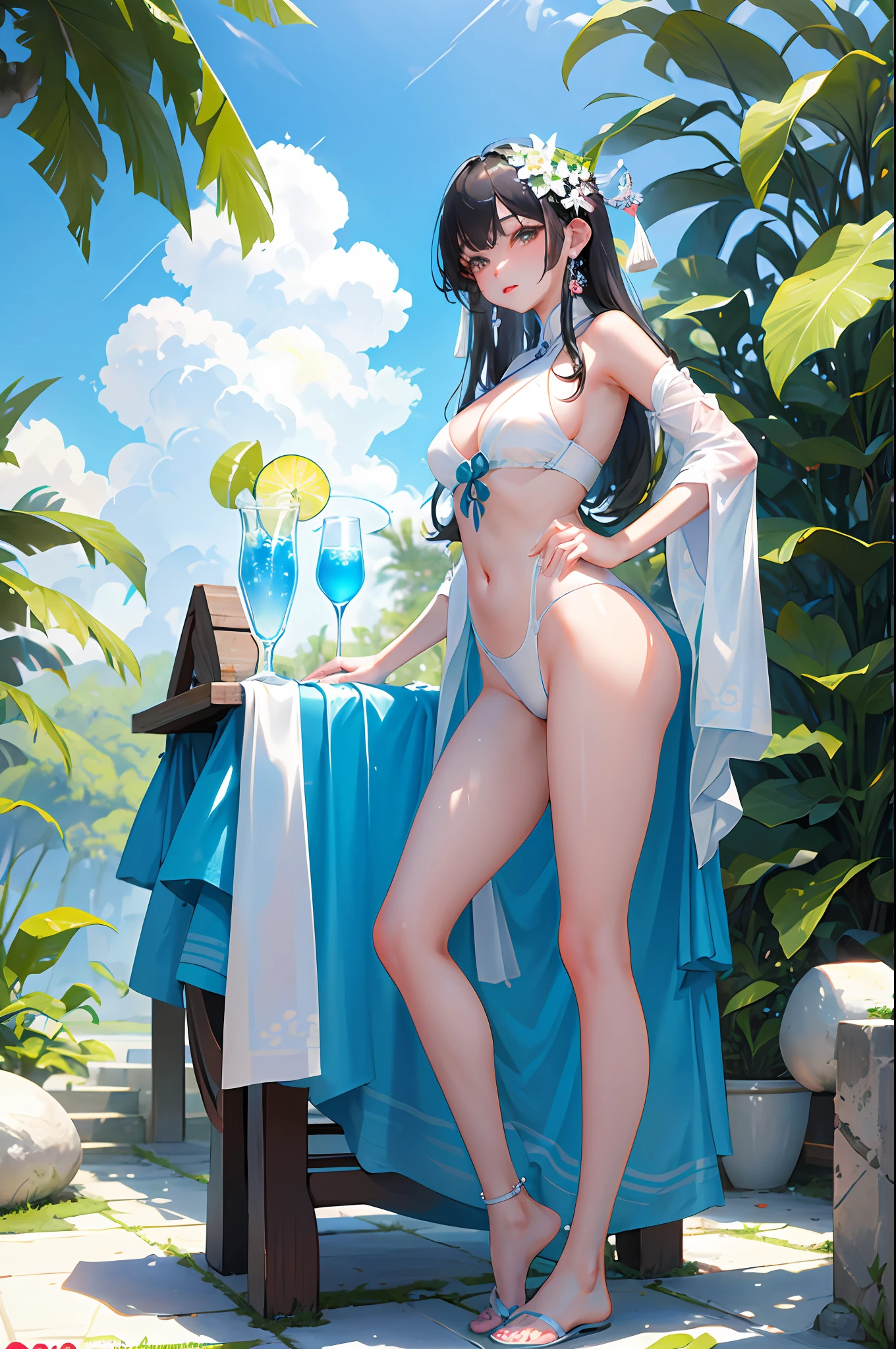 (Chinese beauty) A soft drink made of coconut juice, ice cubes, and coconut juice. Milky white turns white. Very cool. There are colored straws and ice cubes, placed on green leaves, outdoors, a clear blue sky, beautiful clouds