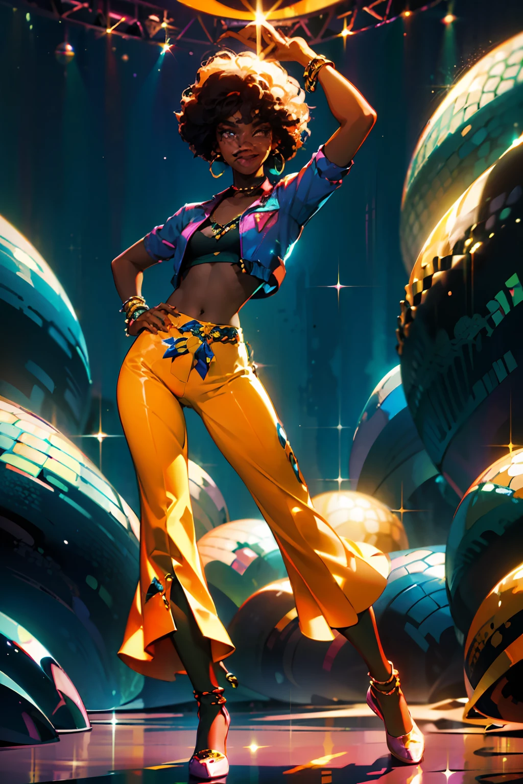 ung female , smile, dark skin tone, afro hair, stud in flared pants and sparkly jacket shirt orange and cyan tone, 1970s, huge ear ring, Bell-bottoms, flares, Disco Mirror Ball,
disco dancing pool
rich colors ,hyper realistic ,lifelike texture, dramatic lighting ,