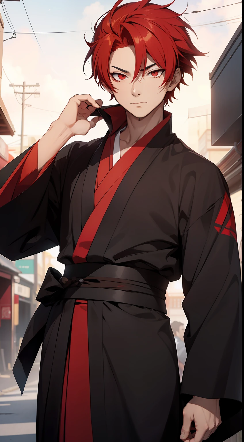 anime guy with short red hairs. using a black kimono, red eyes, strong, SCAR CROSSING THE LEFT EYE