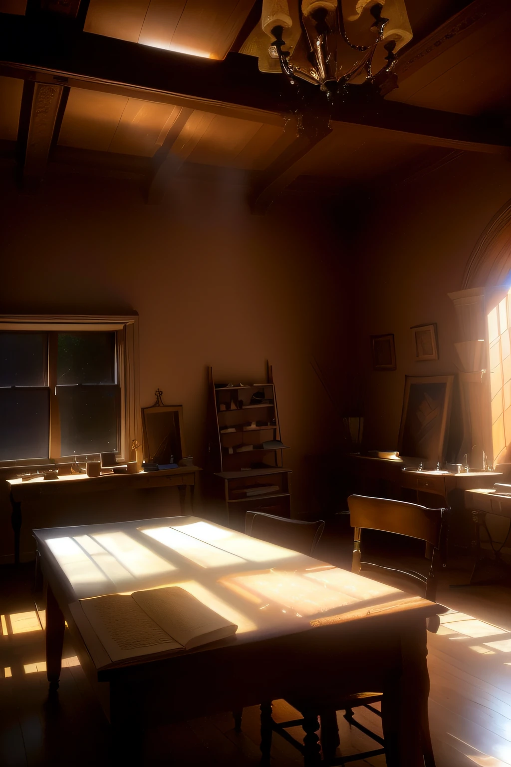 there is an emty table in a room, old masters light composition, light coming from the windows, in a natural lighting, room of the nameless painter, sunlight through windows, sunlit windows, light coming from windows, ancient. atmospheric lighting, studio backlight, sunlight shining through windows