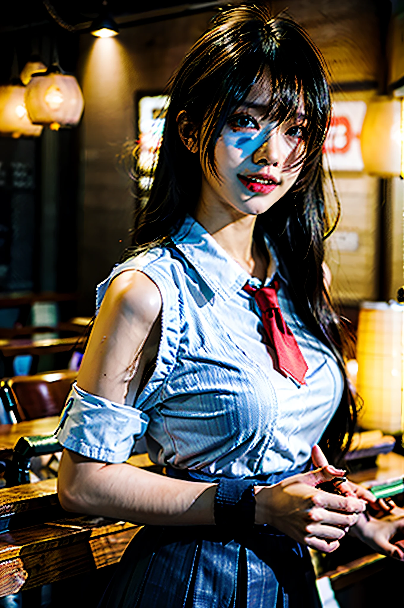 (masterpiece), best quality, ultra high res, close up, slim body, 1girl,school uniform, long hair, laughing, ramen, night, Tokyo restaurant background, colorful lights, photon mapping, radiosity, physically-based rendering, cinematic lighting, intricate, High Detail, Sharp focus, dramatic, photorealistic