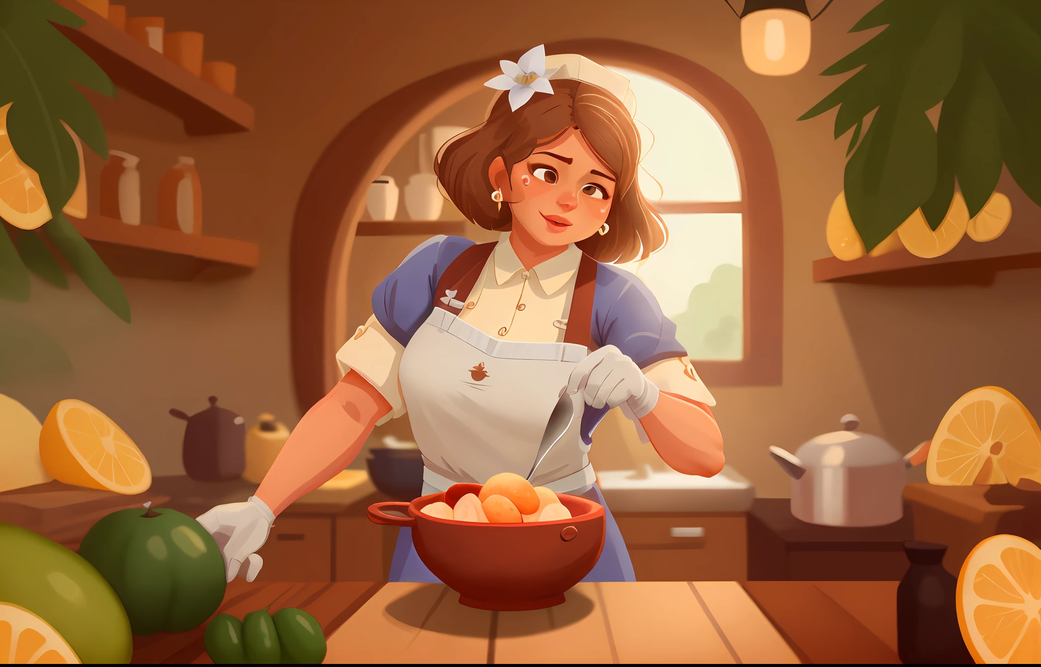 There is a woman with a very detailed face ,cozinhando em uma panela com uma colher, illustration