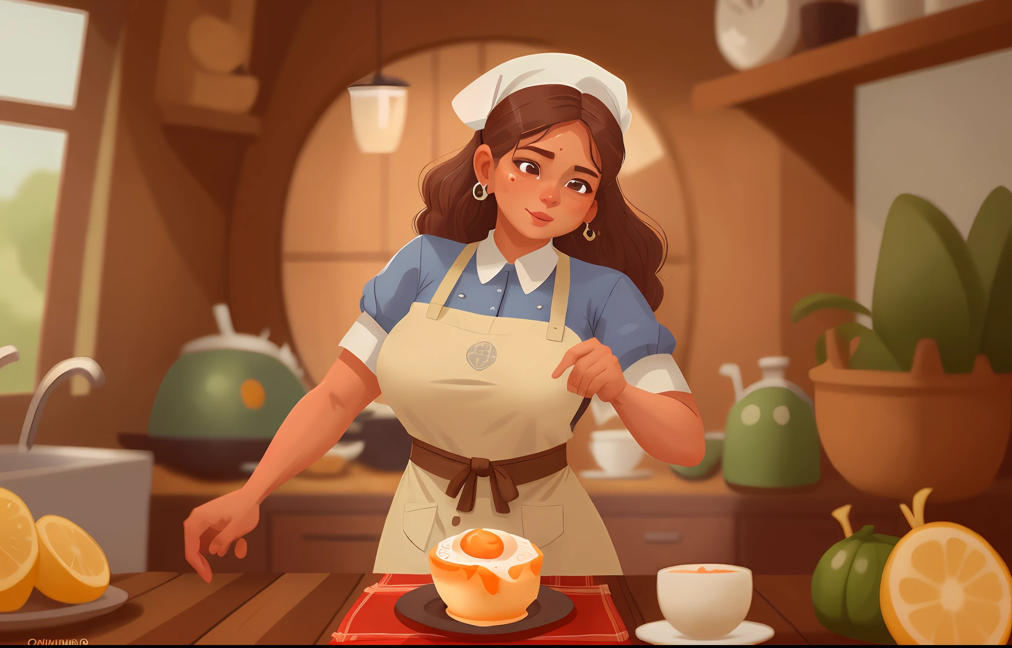 There is a woman with a very detailed face ,cozinhando em uma panela com uma colher, illustration