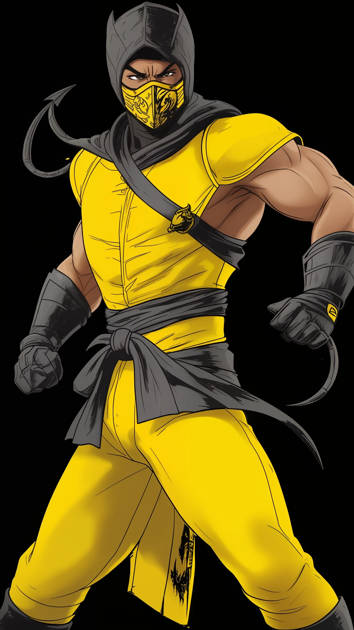 Close-up de um Ninja de preto e amarelo com um toque de tinta amarela, MK Ninja, scorpion from mortal kombat, Personagem de Mortal Kombat, Estilo Mortal Kombat, scorpioarmor, hq 4k papel de parede, HQ 4K papel de parede do telefone, Mortal Kombat 11, rei em amarelo, em mortal kombat, o Rei em amarelo, armadura preta com detalhes amarelos, Armadura preta e dourada