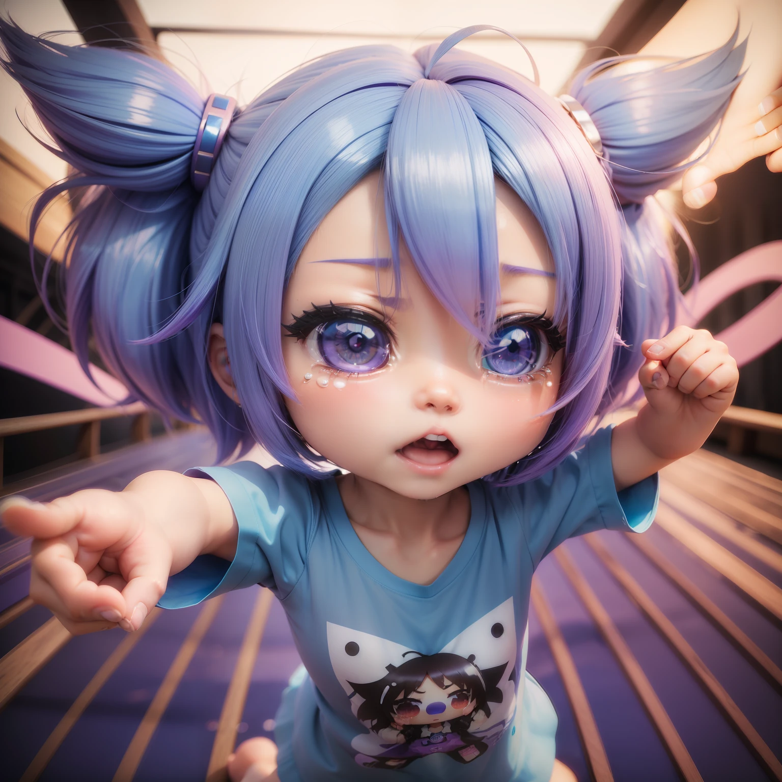 (((Chibi 3D)))Cute and beautiful chibi anime/Bob style hair mixed with light blue and blue、Wearing purple colorful t-shirt,dynamic shot,is crying,Tears,Screaming,「Reach out and bring it to the side of your face、「Hello」Let's call out loud」 Summer Beach,