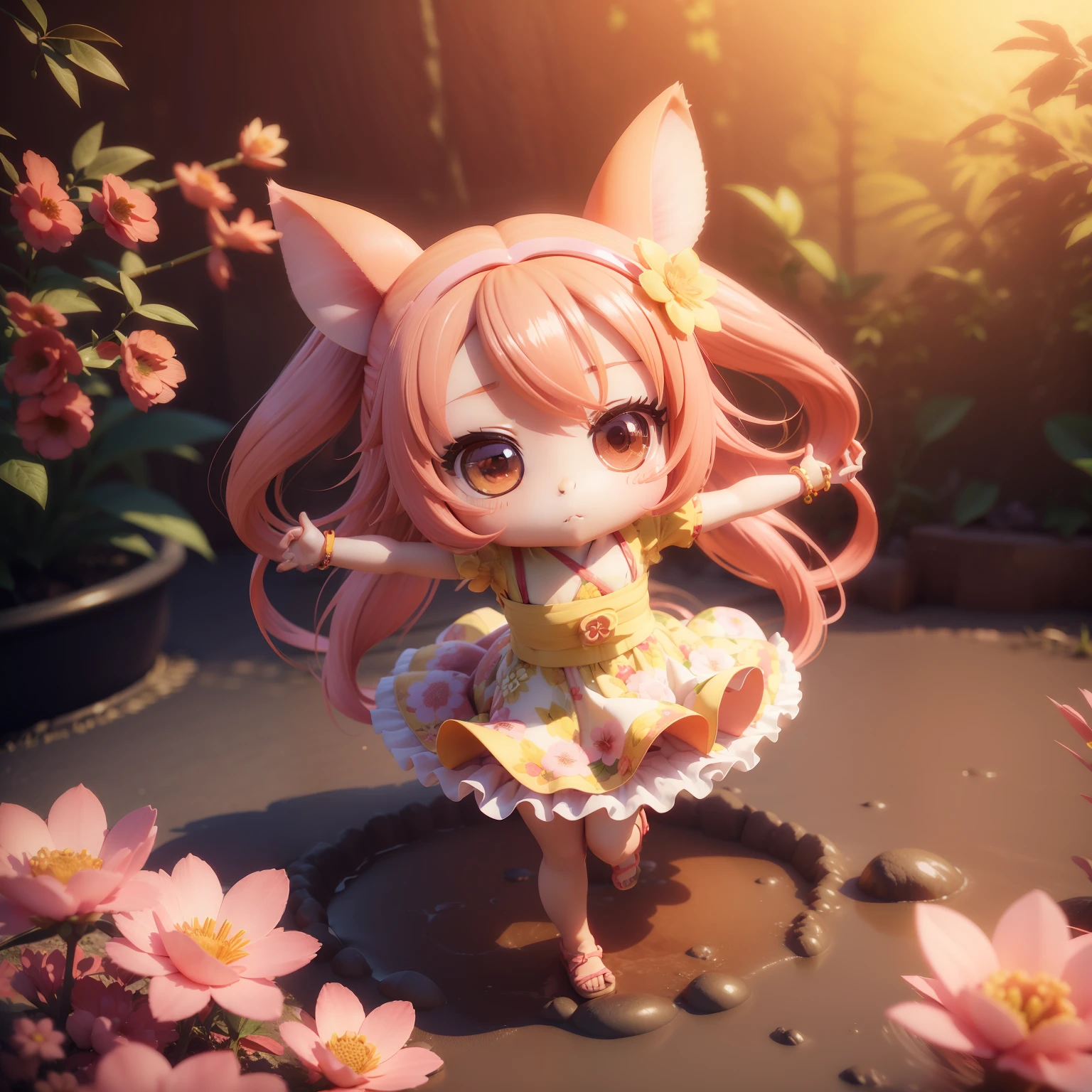 (((chibi3d)))cute and beautiful chibi anime girl/Rabbit ears,Red long straight hair,Colorful floral Japan style hair ornament,Summer dress with lemon pattern,Yellow braided sandals,Red and pink flower garden,水鉄砲🔫を手に持っている,Flying splashes