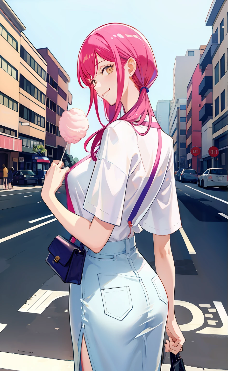 ​masterpiece, top-quality, 2others, a couple, 1man with 1woman, Height difference, happiness, tenderness, a smile, Casual clothing, Oversized shirt, Variety of fashion, onepiece,Modern urban streets, Hands on back, Holding cotton candy,