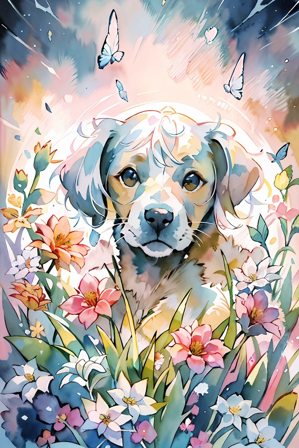 (highres, best quality:1.2), radiance, soft contours, beautiful drawing, upper body, concept art, detailed background, bright colors,
(8k, best quality, masterpiece:1.2),(best quality:1.0), (ultra highres:1.0), watercolor, a cute little puppy surrounded by beautiful flowers in a meadow, by agnes cecile, half body portrait, extremely luminous bright design, pastel colors, (ink:1.3), winter lights, traditional media, watercolor \(medium\), watercolor background