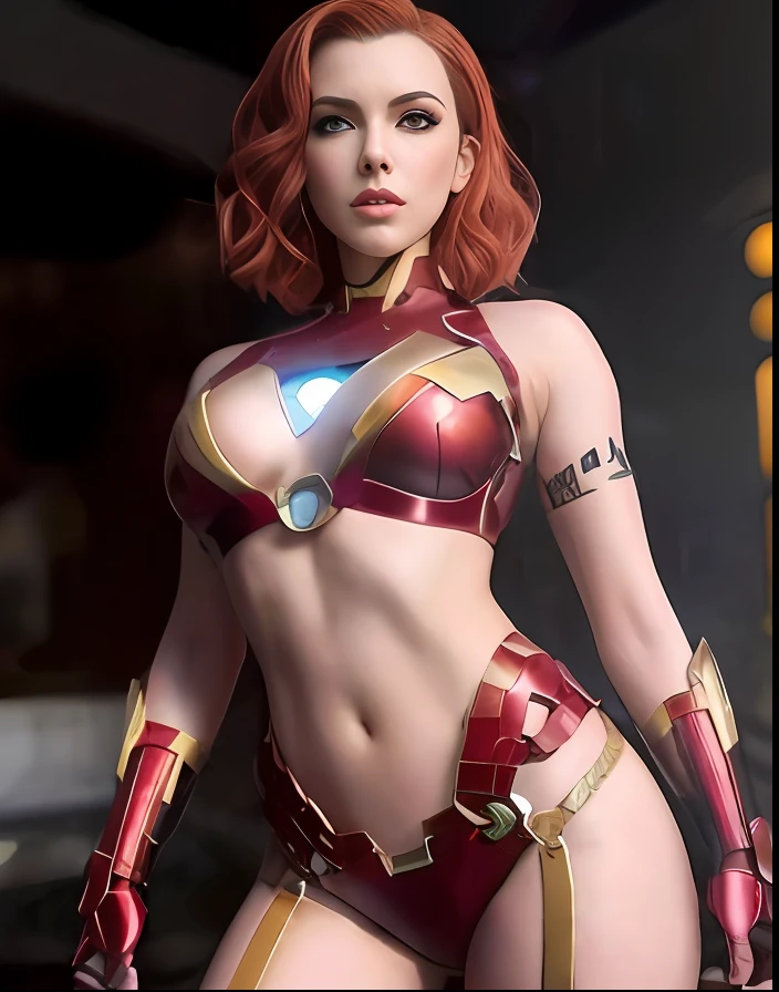 Una mujer con un traje rojo y dorado posando para una foto, amouranth as a super villain, better known as amouranth, Armadura de bikini, Amouranth, Impresionante armadura, bikini-armadura, Reina pelirroja con armadura roja pesada, Como Ironman, Armadura de bikini, Al estilo de Marvel y DC, Bikini de metal, cosplay adornado, Armadura roja