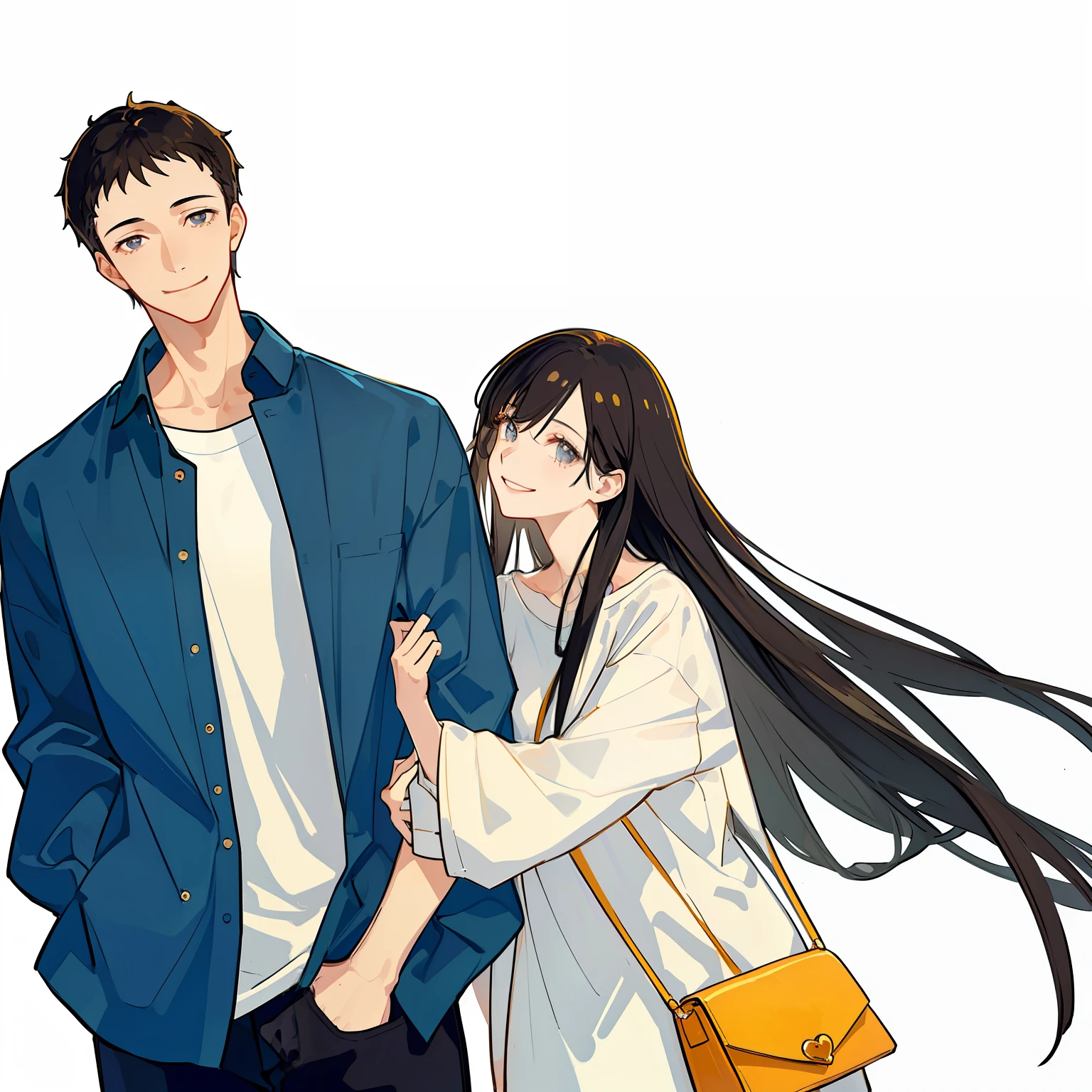 (​masterpiece, top-quality, 2Others, a couple, 1man with 1woman, Height difference, Happiness, tenderness, A dark-haired,A smile, Casual clothing, Oversized shirt, Variety of fashion)