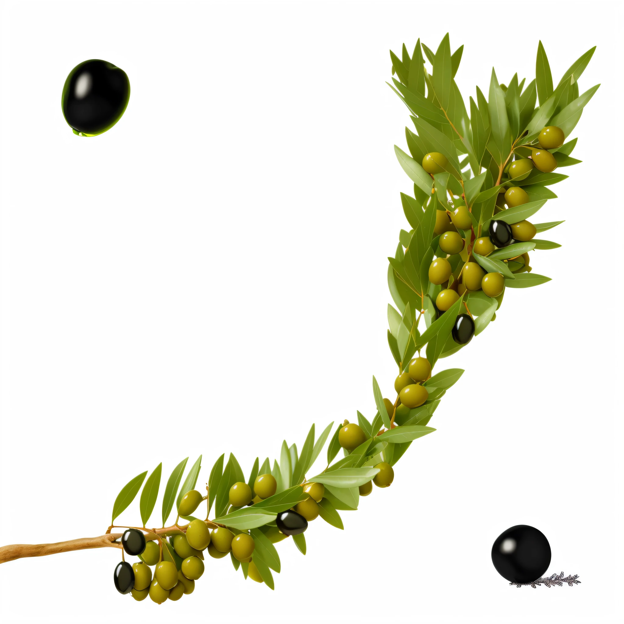 photograph of a branch of very glossy olives with green and glossy olive leaves with olive leaf texture and shape and black balls, digitally painted, very coherent image, illustration, ocatane render, in laurel wreath, photorealistic illustration (extremely detailed CG unity 8k wallpaper, masterpiece, best quality, ultra-detailed), (best illumination, best shadow, dynamic angle),