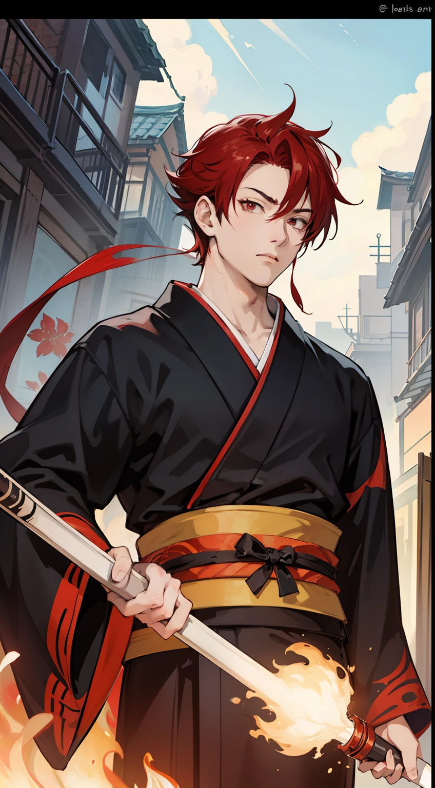 anime guy with short red hairs. using a black kimono, red eyes, strong, SCAR CROSSING THE LEFT EYE