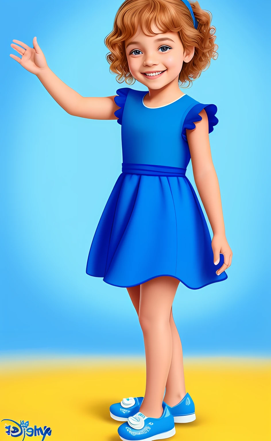 uma dos desenhos animados em um vestido azul acenando e sorrindo, retrato de corpo inteiro de um curto!, Pose formal de retrato estilizado, Retrato de corpo inteiro do personagem, render de uma menina 3d bonito, em vestido azul, retrato de corpo inteiro, menina em umdo, retrato de personagem de corpo inteiro, Pose de personagem, azul realista 2d render, anime estilo 2d background Flores