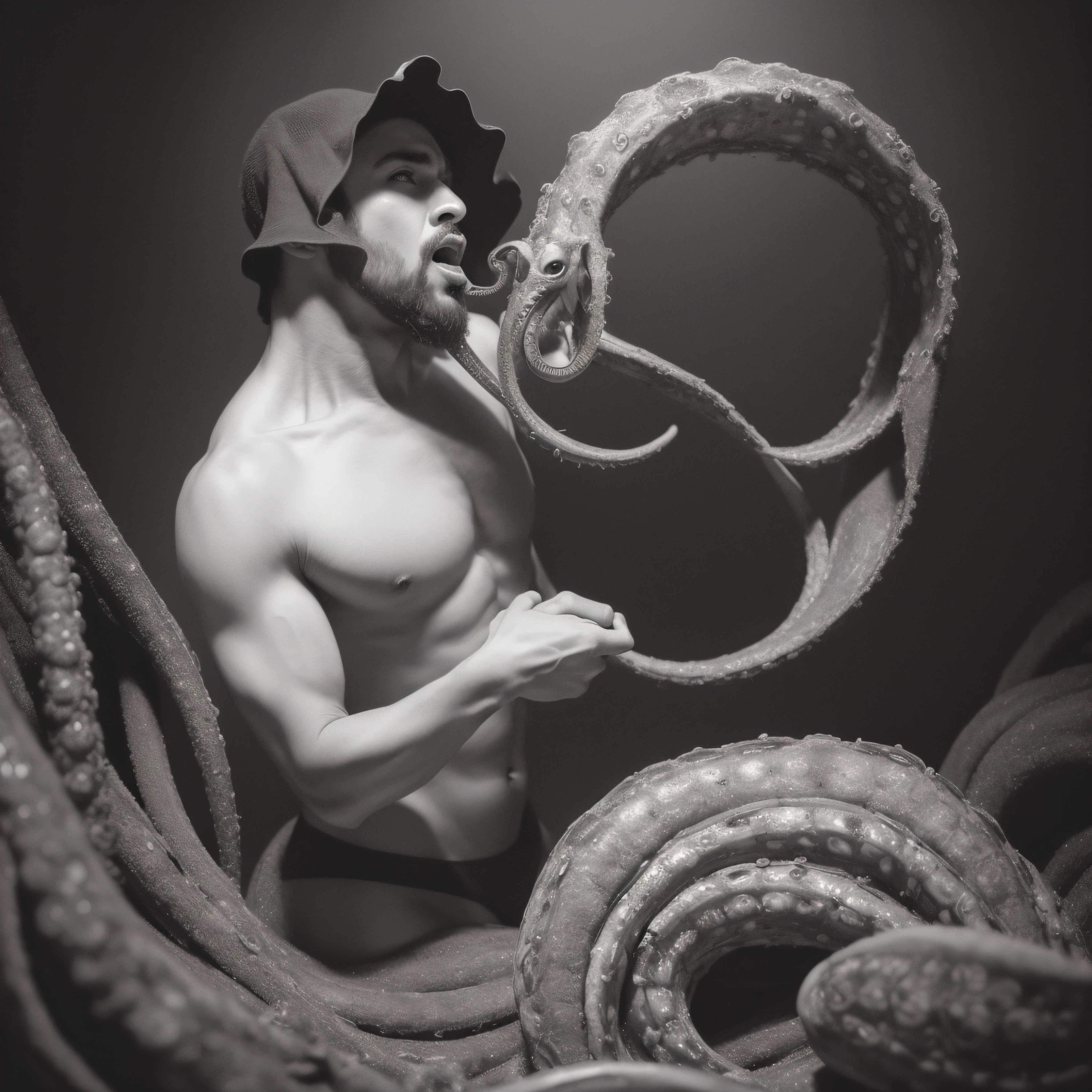 (extremadamente detallado, obra maestra, La mejor calidad), Estilo oscuro, intense illumination, rostro con arrugas, lengua larga, tentacle, deforme, monstruoso, interior de una piscina de agua verdosa, imagen submarina, alien con Colmillos finos, pico de pulpo amenazante. manchas de tinta. Rococo composition. Luz de caravaggio