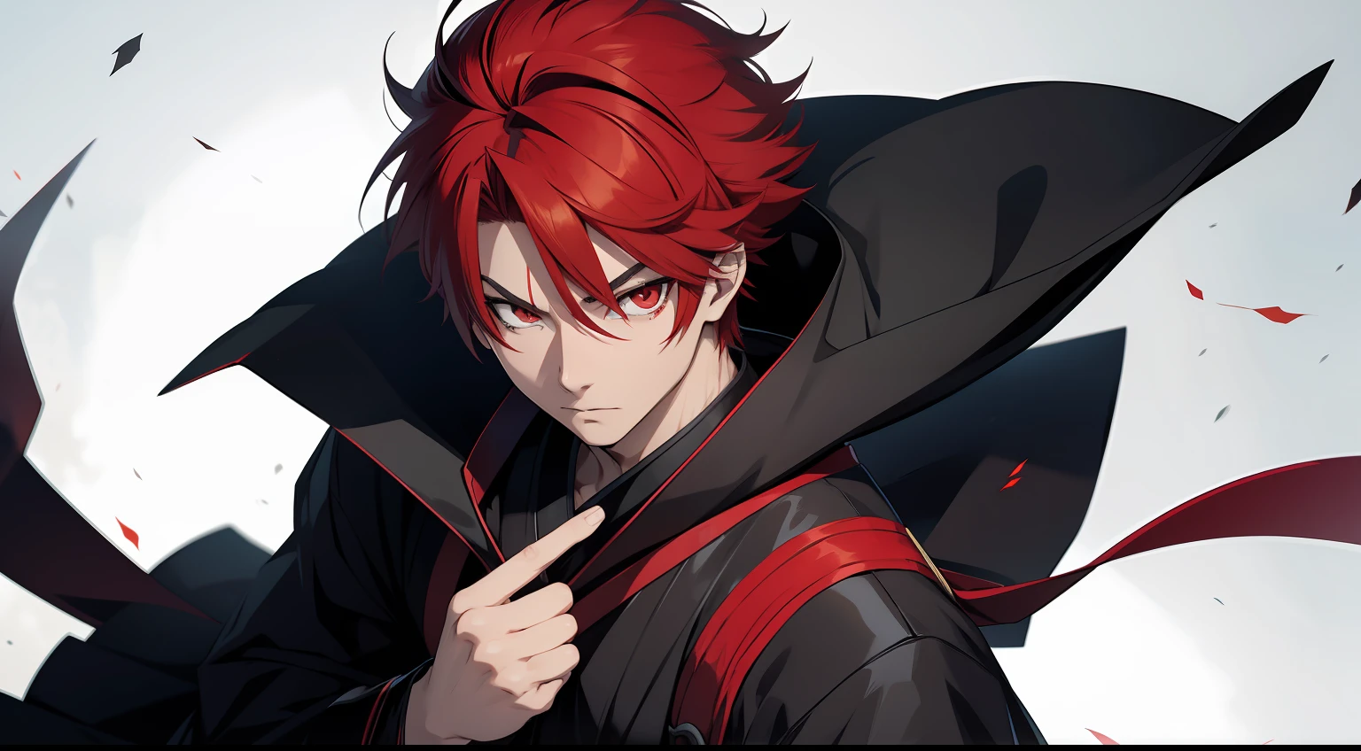 anime guy with short red hairs. using a black kimono, red eyes, strong, SCAR CROSSING THE LEFT EYE