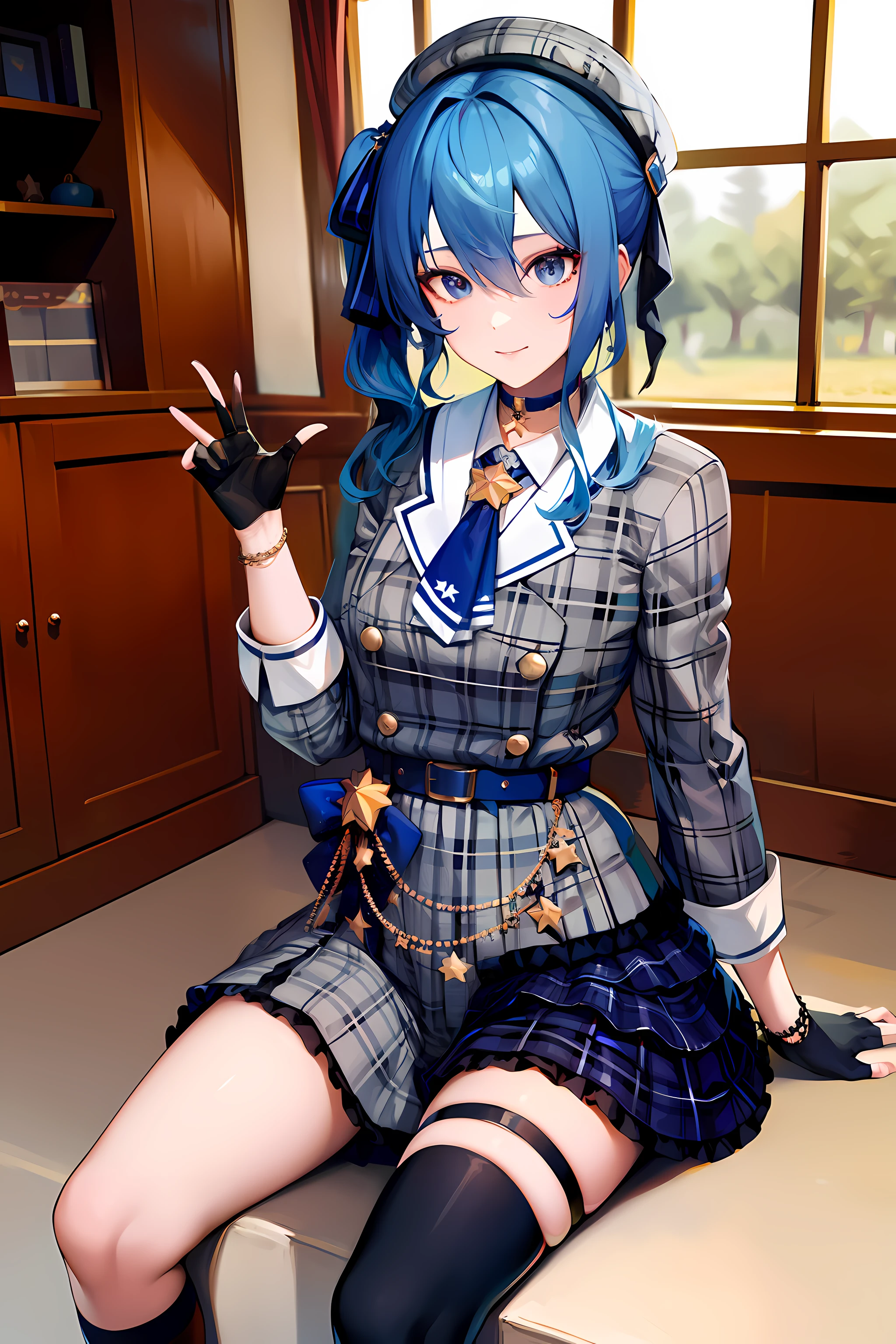 Hoshimachisuisei, Suiseihoma, Blue eyes, Blue hair, Choker, hair between eye, Medium Hair, Side Ponytail, star choker, Blake Ascot, Asymmetrical legwear, Belt bag, beret, Black Gloves, Blue Ascot, Blue belt, blue bow, Blue choker, Bow, buttoning, Choker, Collared shirt, diadems, gloves, Gray hat, Grey jacket, grey skirt, hat, Jacket, Jewelry, knee high, Long sleeves, Miniskirt, mismatched legwear, partially fingerless gloves, Pendants, Plaid, Plaid jacket, plaid skirts, Shirt, single kneehigh, single sock, Skirt, skirt set, sox, star choker, star print, Thigh strap, Uneven legwear, White shirt, BREAK looking at viewer, Break indoors, crass room, BREAK (masutepiece:1.2), Best Quality, High resolution, Unity 8k壁纸, (Illustration:0.8), (Beautiful detailed eyes:1.6), extra detailed face, A smile、Perfect Lighting, extremely details CG, (Perfect hands, Perfect Anatomy), Negative Prompt