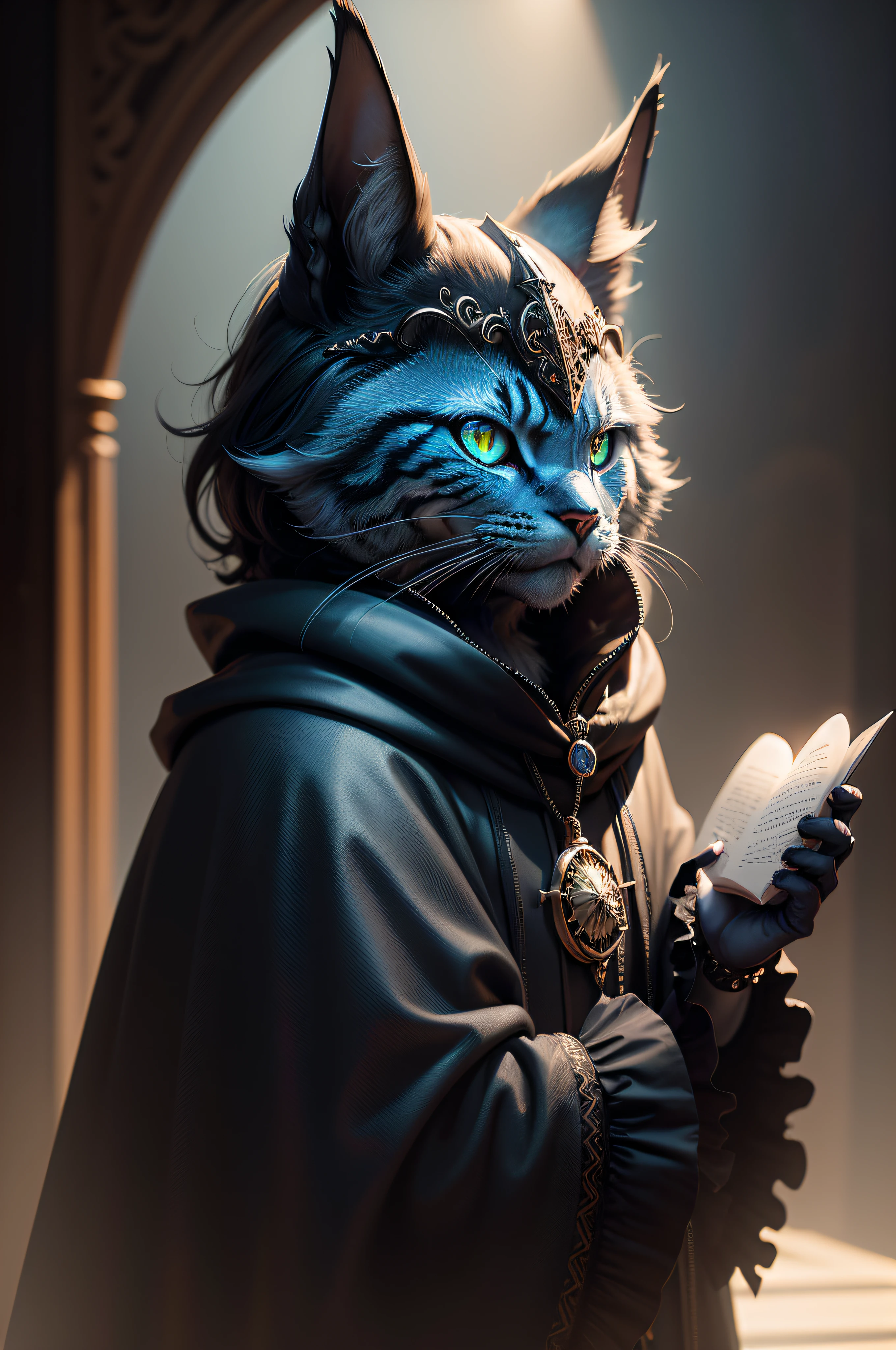 ((melhor qualidade)), ((realista)) (detalhado: 1.4) Create high-definition art depicting a magical cat in incredibly detailed costumes of a shadow wizard, with a dark cloak with sinister patterns and a mysterious mask, conveying his enigmatic nature and occult powers, 3D-rendering , Beeple e Tim Hildebrandt, Artgem e Beeple Masterpiece, Realismo | Bipe, Estilo Beeple, em estilo de bipe