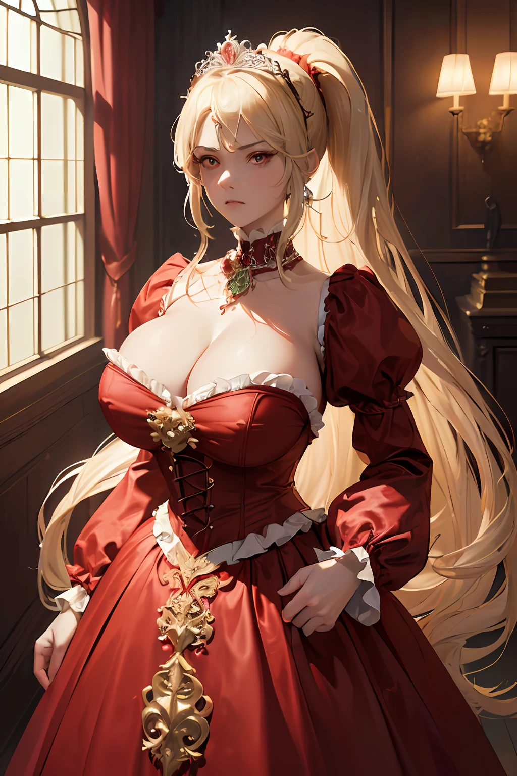 (Masterpiece, Best Quality, High Quality, Highres:1.4), Detailed, Extremely Detailed, Ambient Soft Lighting, 4K, Ornate,
Indoors, (Renaissance, Vintage:1.4), Plants, Window,
1Gril, (Solo:1.4), (Milf:1.2), Standing, Upper Body, (Face Focus:1.2),
(Extremely Detailed Hair:1.2), Blonde Hair, Long Hair, Long Sidelocks, Bangs, (Hair Intakes, High Ponytail:1.4),
Expressionless, Emotionless, (Red Eyes, Glaring, Contempt, Disgust, Looking at Viewer:1.2),
Curvy, Huge Breasts, Skindentation, (Bursting Breasts:1.2),
(Tiara:1.2), Crown, (Cleavage, Strapless, Red Dress, Frilled Dress, Long Skirt, Puffy Skirt, Puffy Sleeves, Juliet Sleeves, Long Sleeves:1.2), Jewelry, --auto
